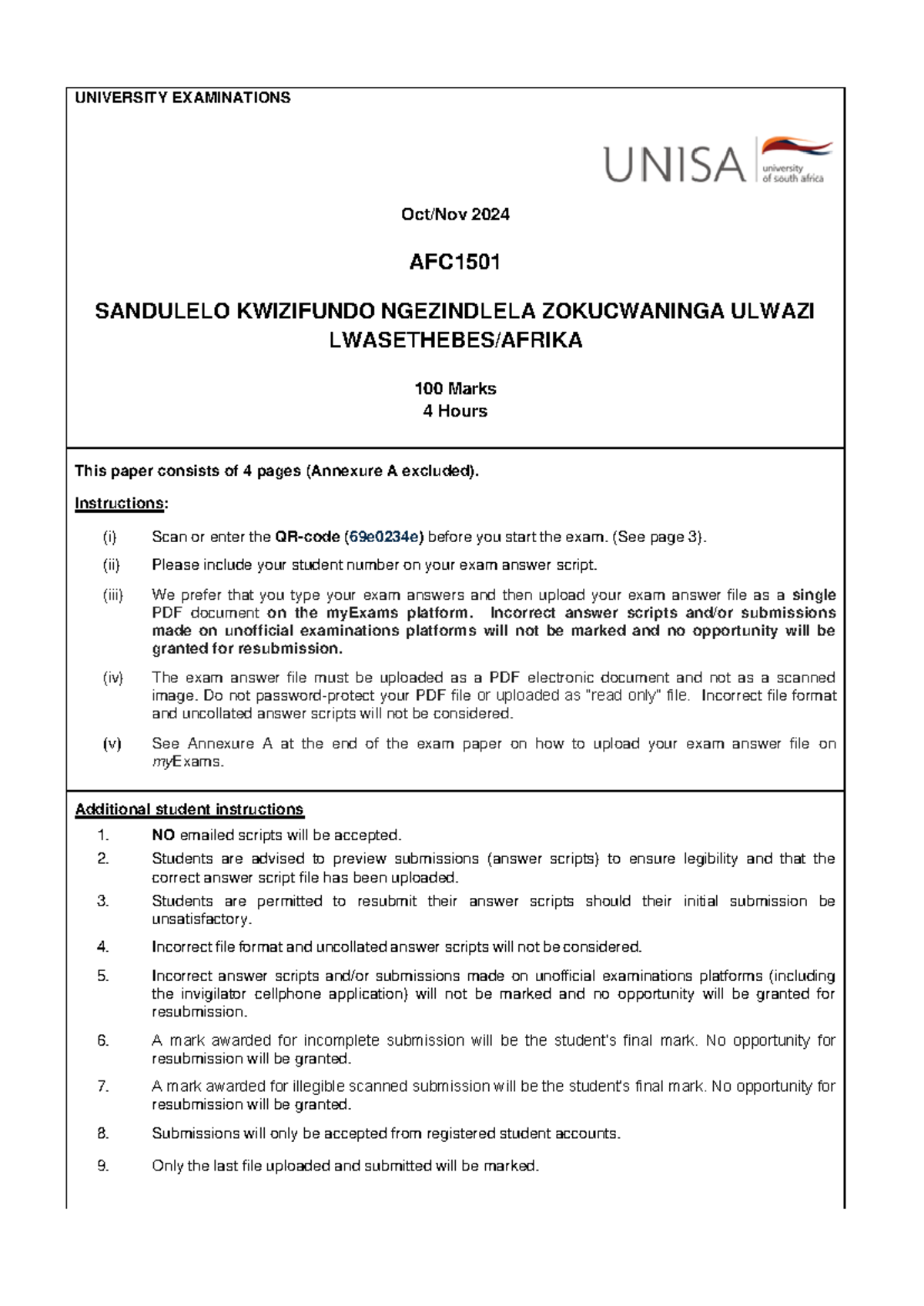 AFC1501 Exam Instructions and Guidelines for Oct/Nov 2024 - Studocu