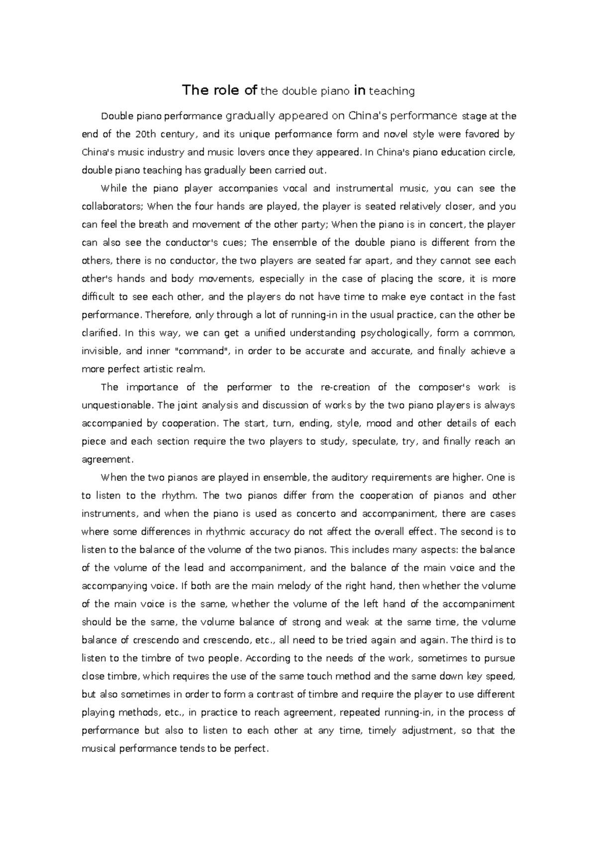 The Role of Double Piano in Music Education: Teaching Strategies and ...