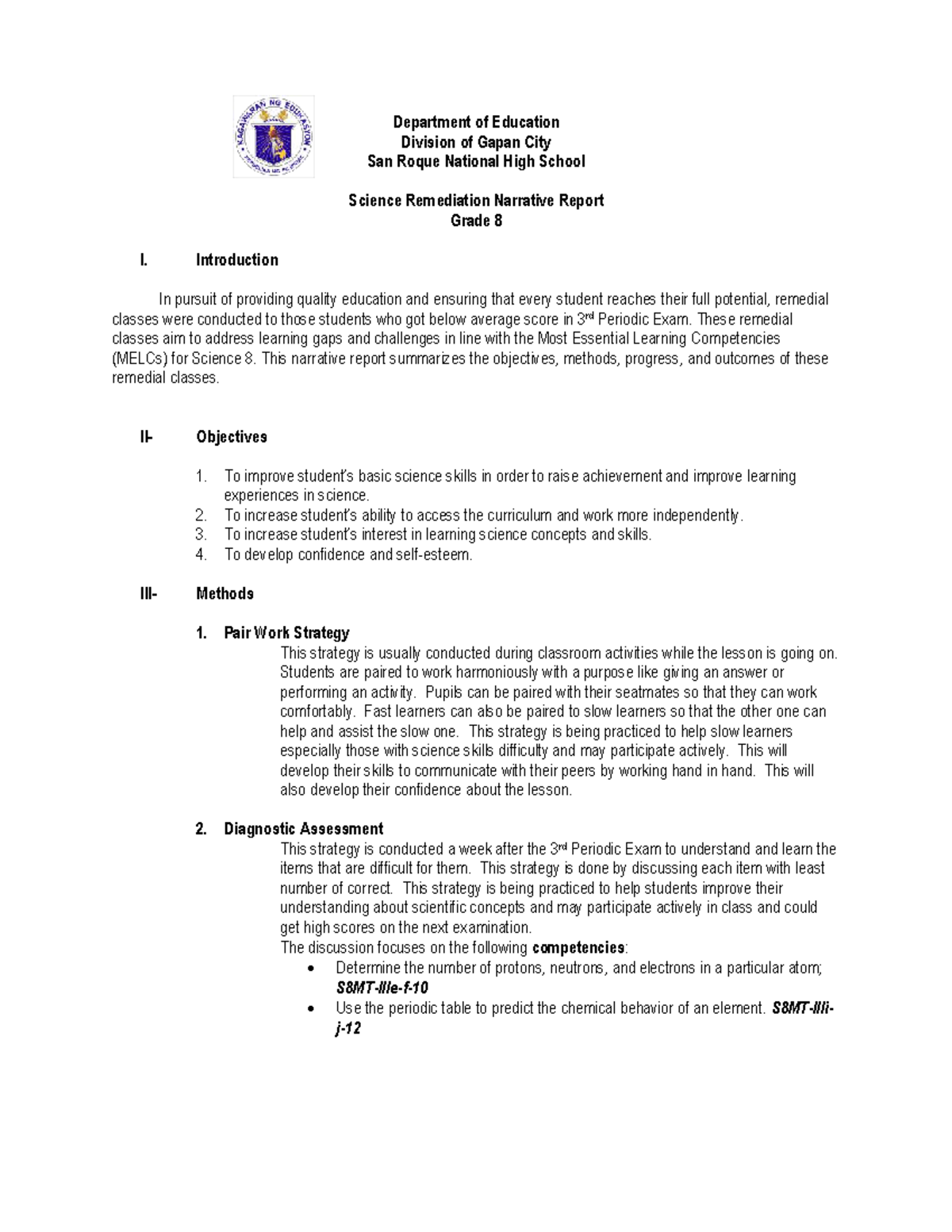 Science 8 Remedial Classes: Narrative Report on Student Progress - Studocu