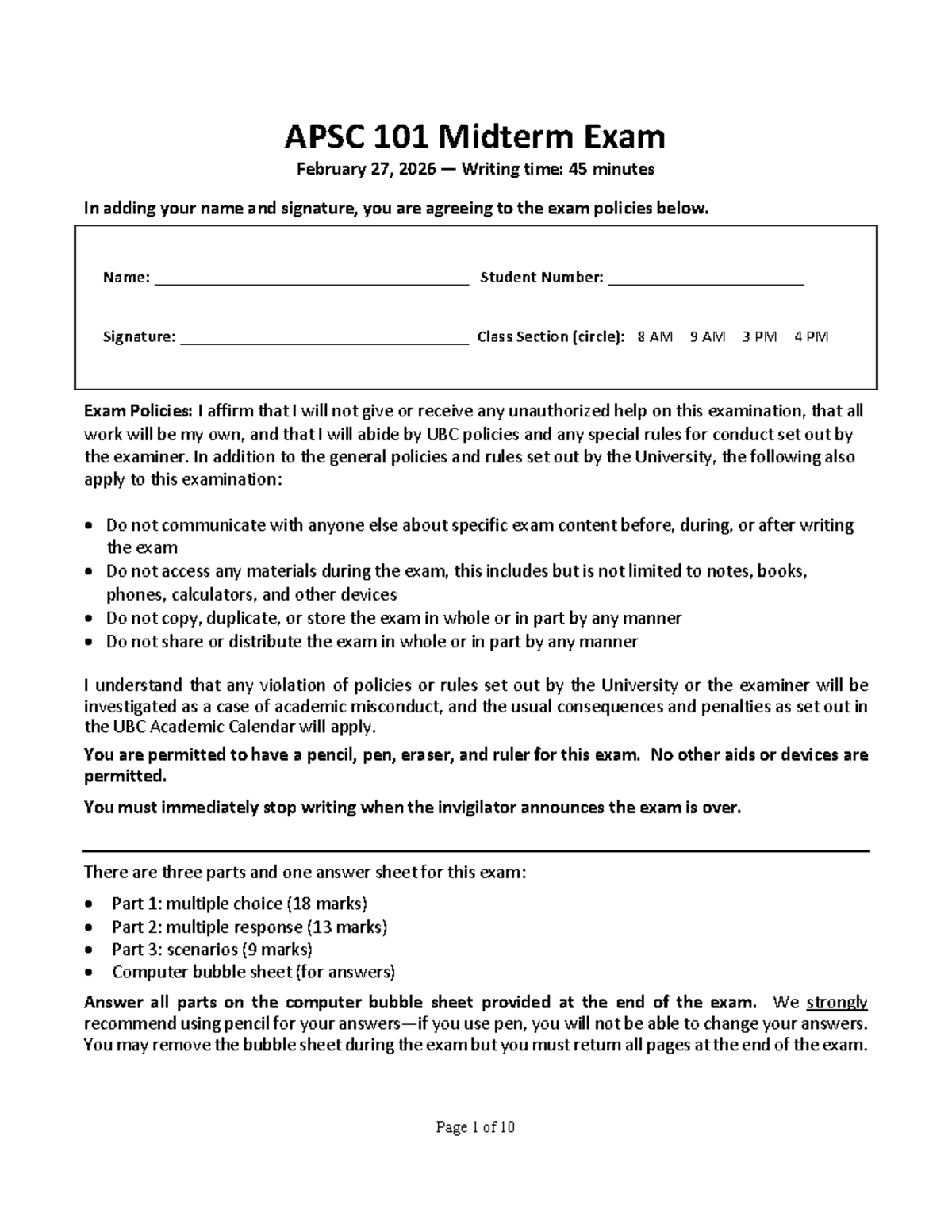 APSC 101 Midterm Exam Guidelines and Sample Questions 2025W - Studocu