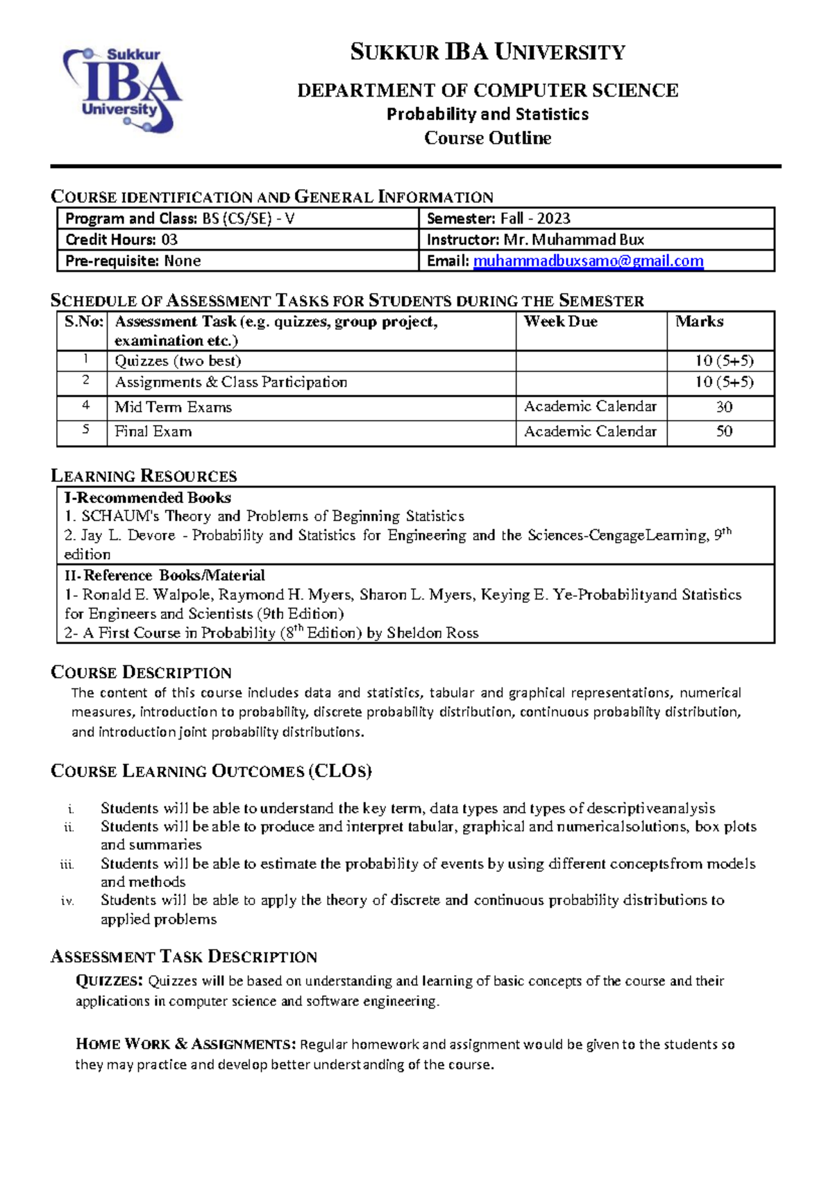 Outline of Probability and Statistics CS-5 Fall 2023 - Studocu