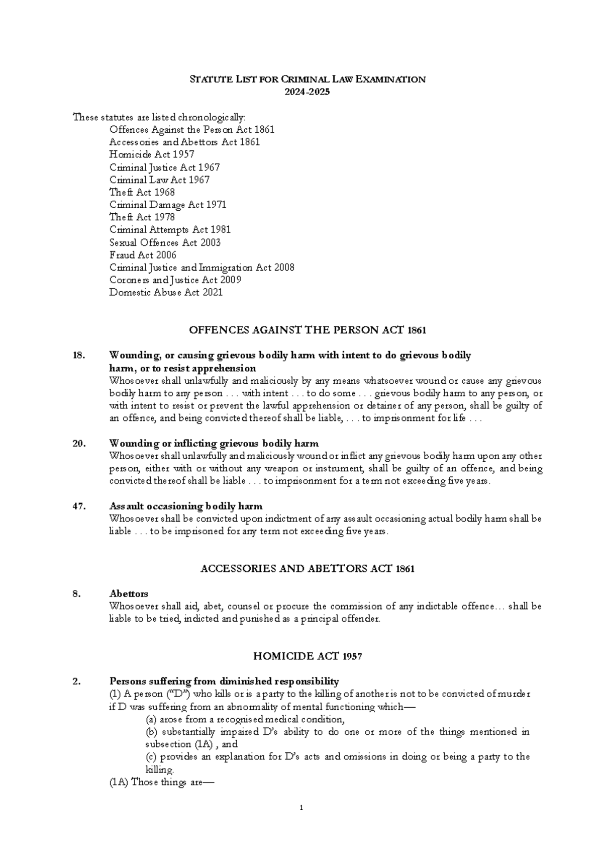 Criminal Law Statute List for Finals (2024-2025) - Studocu