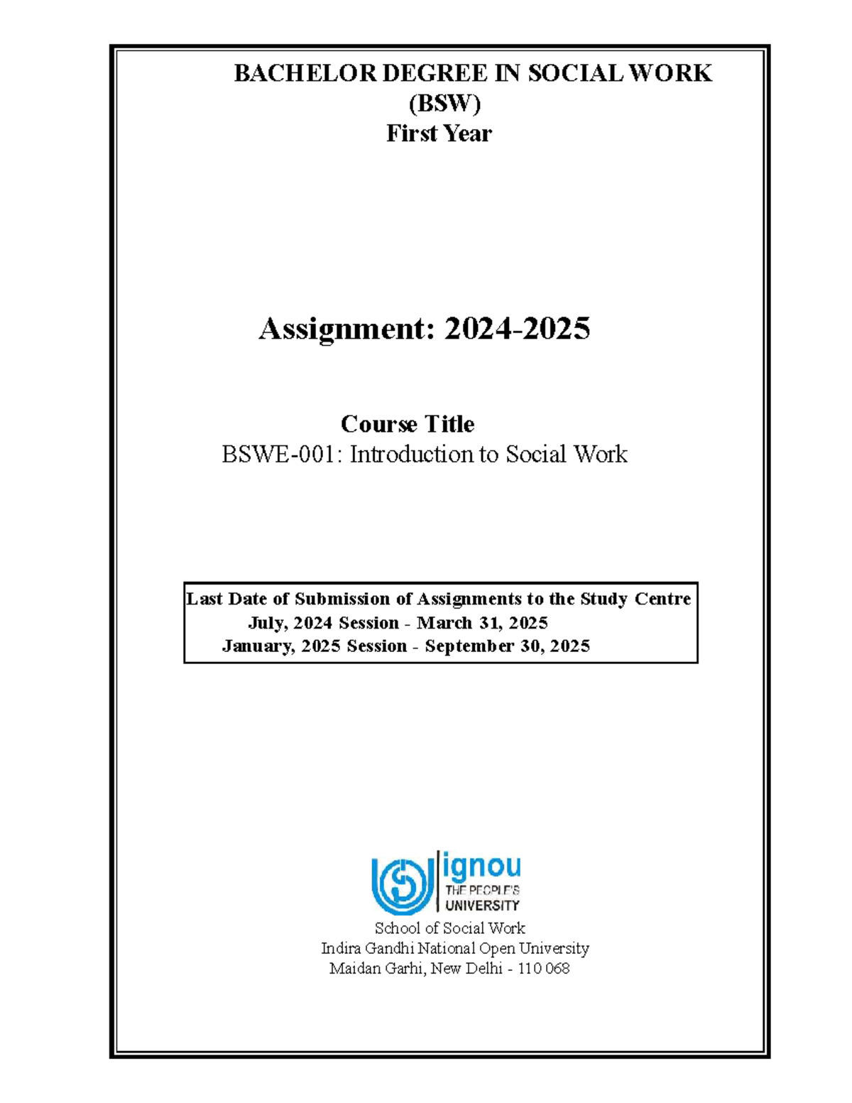 BSW 1st Year 2024: Introduction to Social Work Assignment Guide - Studocu