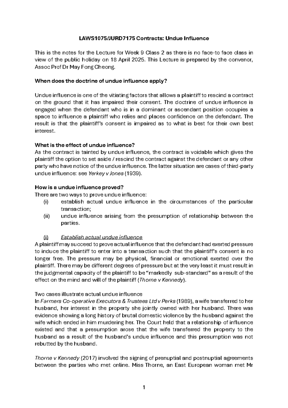 Contracts (LAW101): Lecture Notes on Undue Influence - Week 9 Class 2 ...