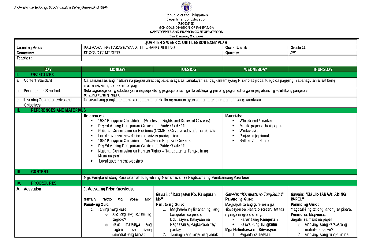 Quarter 3 DLL 2: Daily Lesson Log on Pambansang Kaunlaran - Studocu