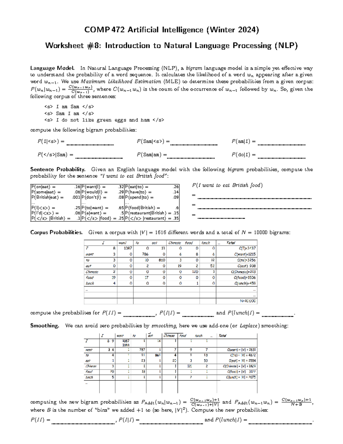 COMP 472 Final Exam - Bigram Models in Natural Language Processing ...