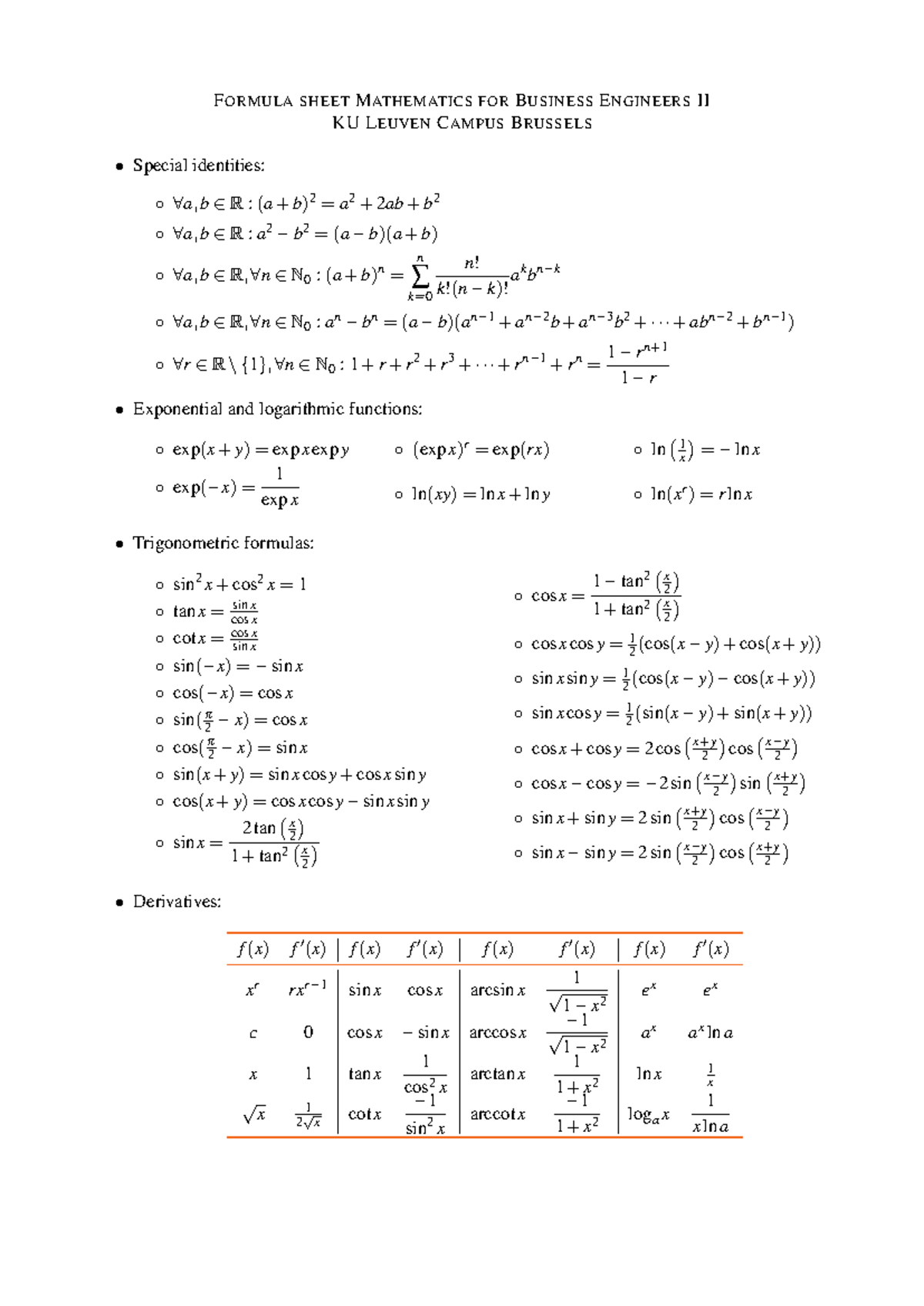 Formula Sheet: Mathematics for Business Engineers II - Cheat Sheet ...