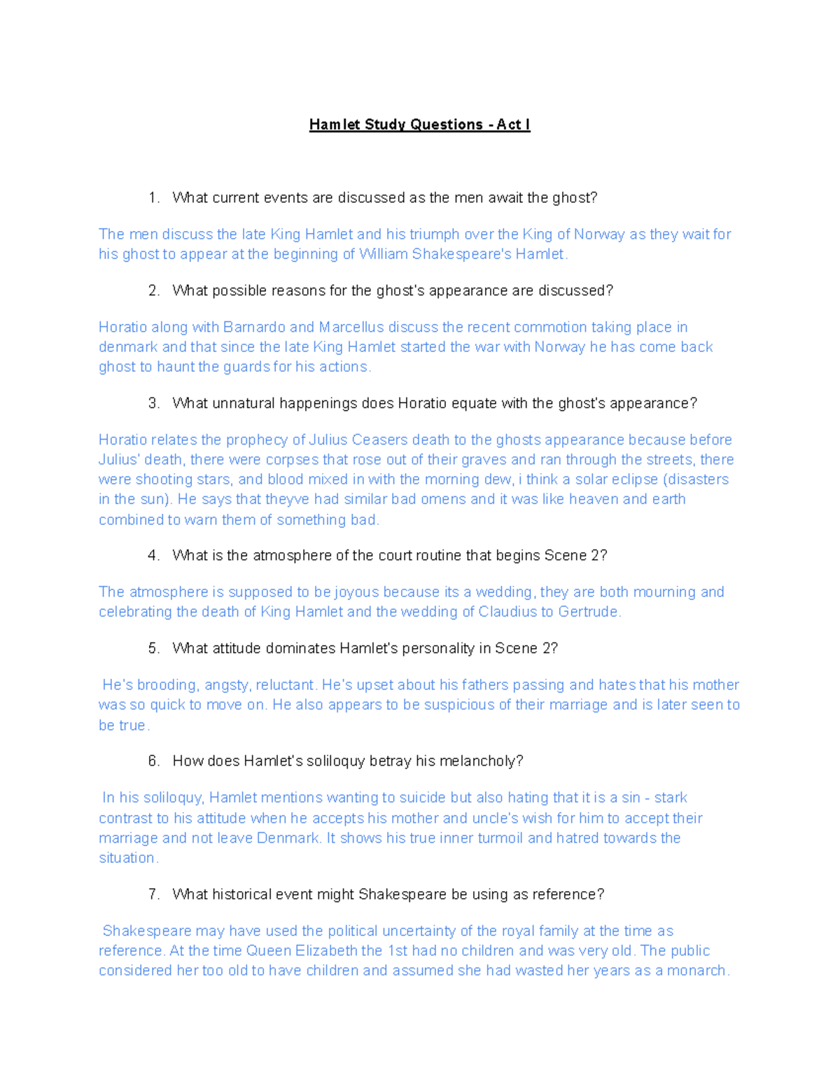 Hamlet Study Questions - Act I (ENG 101) - Studocu