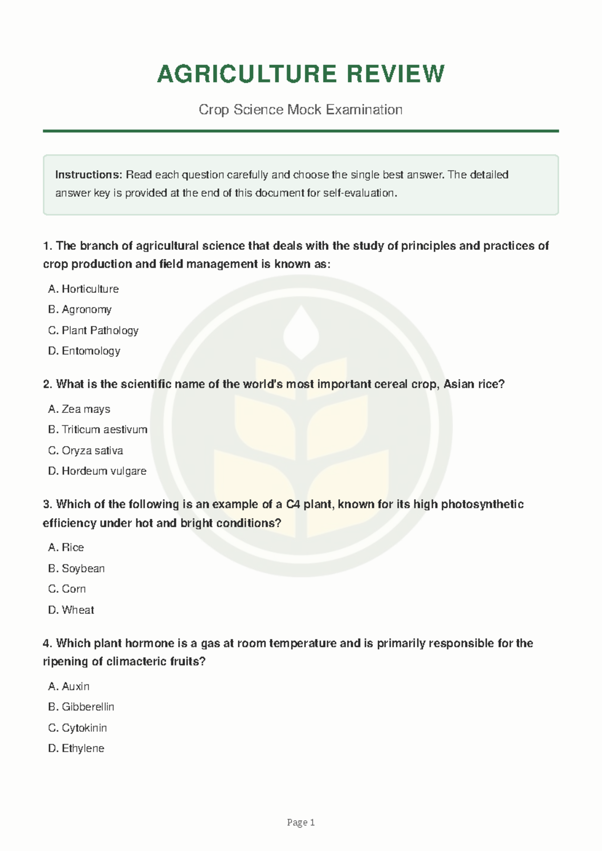 AGRICULTURE 101 Crop Science Mock Exam Review Guide - Studocu