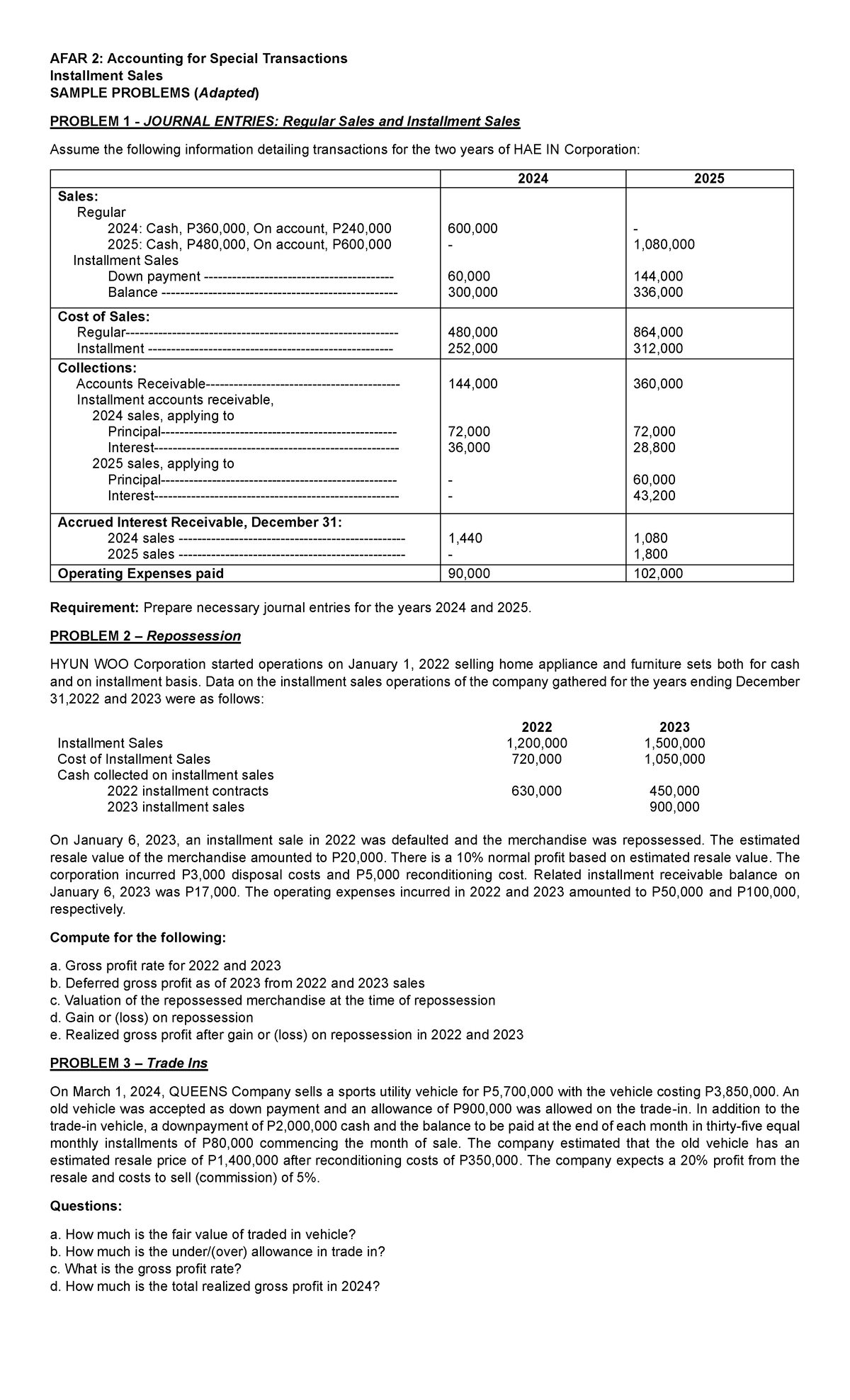 AFAR 2: Installment Sales Sample Problems & Journal Entries - Studocu