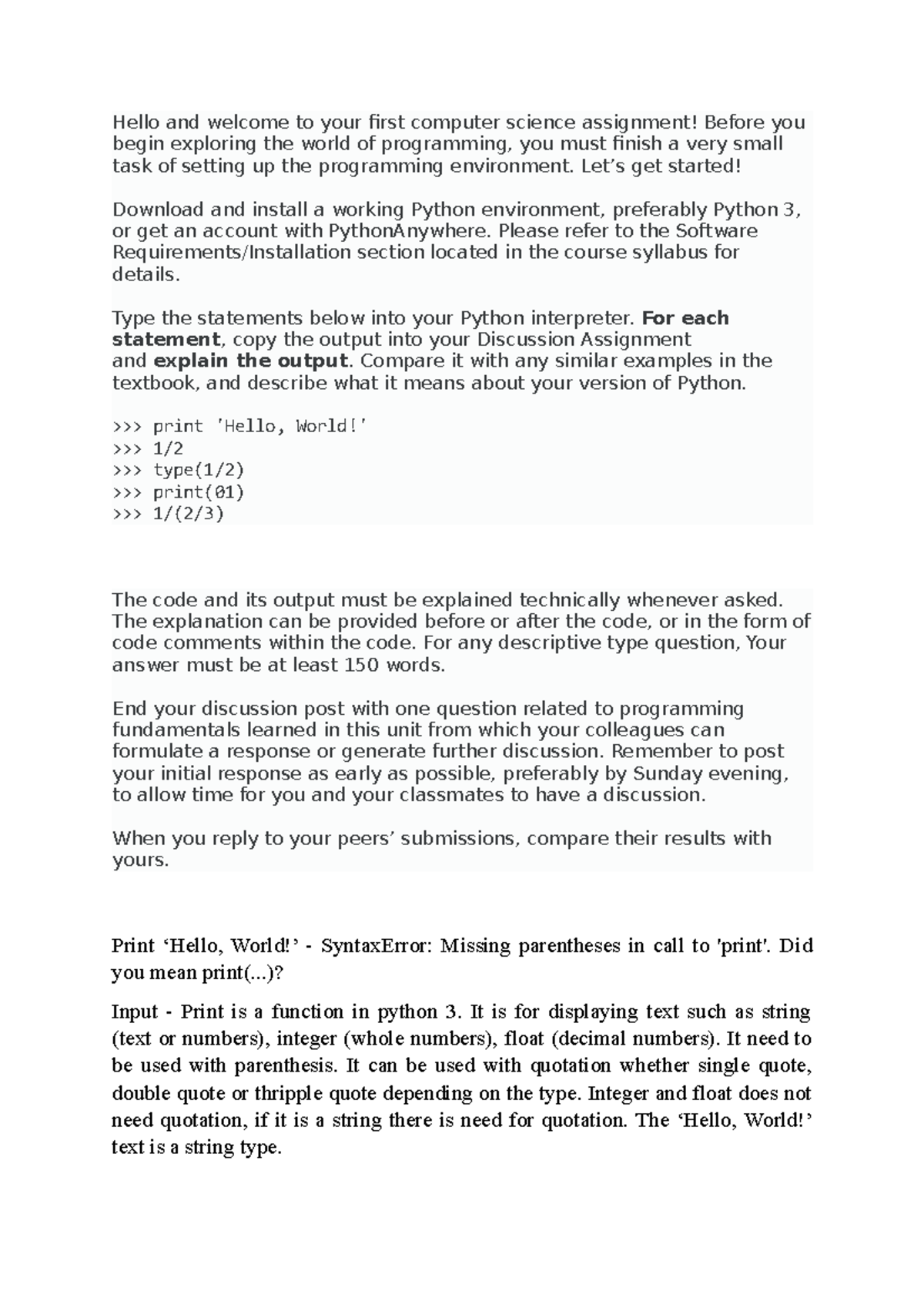 CS 1101 Week 1 Discussion: Python Output Exploration and Errors - Studocu