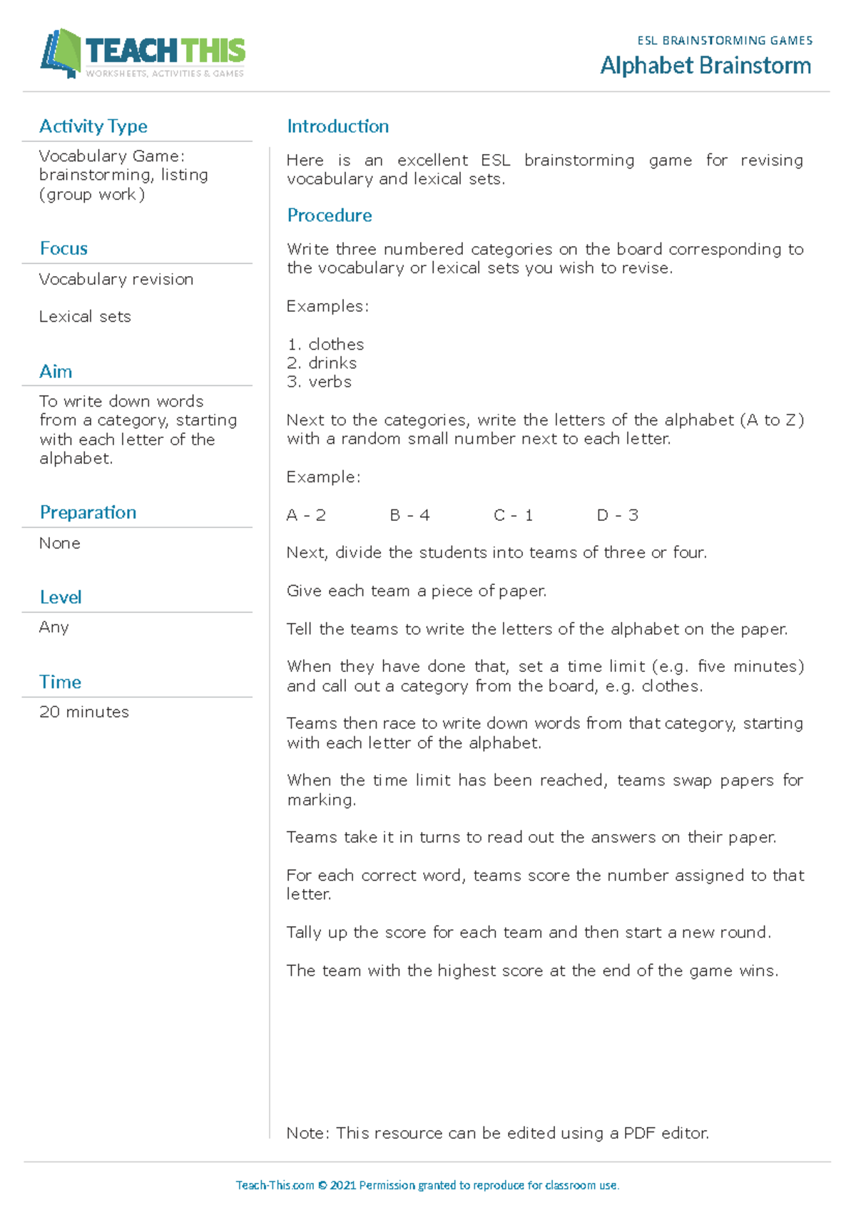 ESL BRAINSTORMING GAMES: Alphabet Brainstorm Worksheets - Studocu