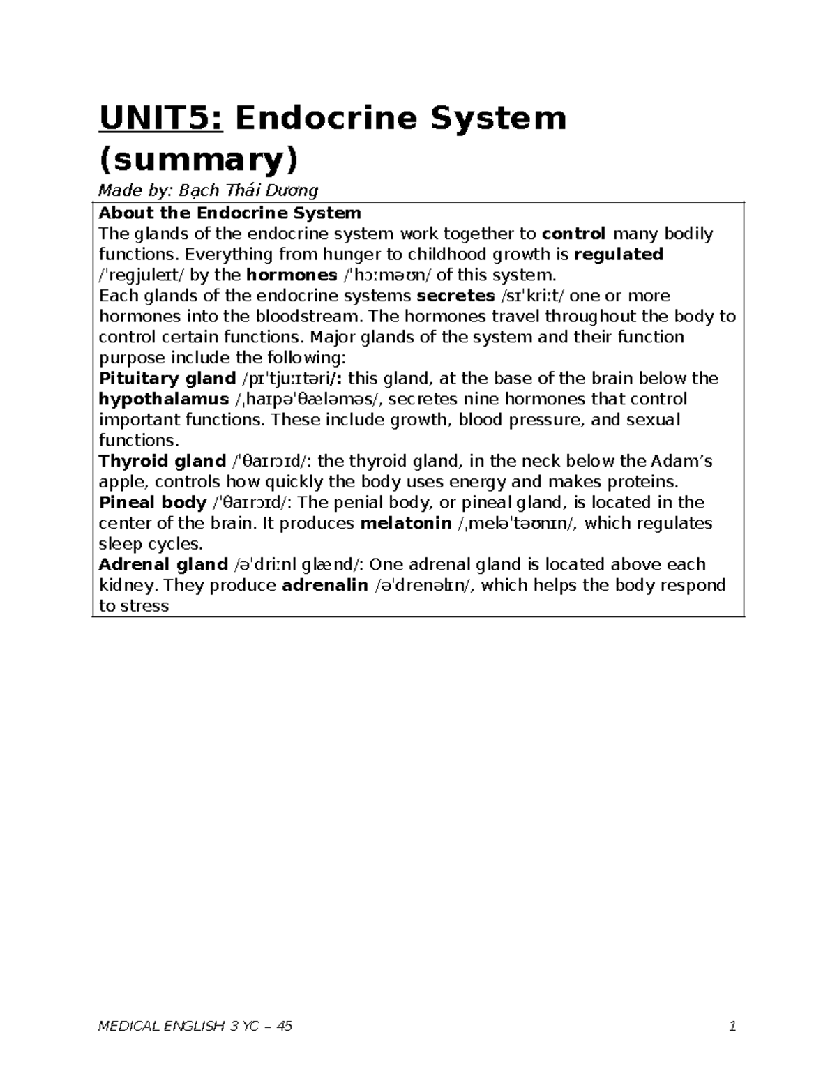 UNIT 5: Endocrine System Overview - MEDICAL ENGLISH 3 YC 45 - Studocu