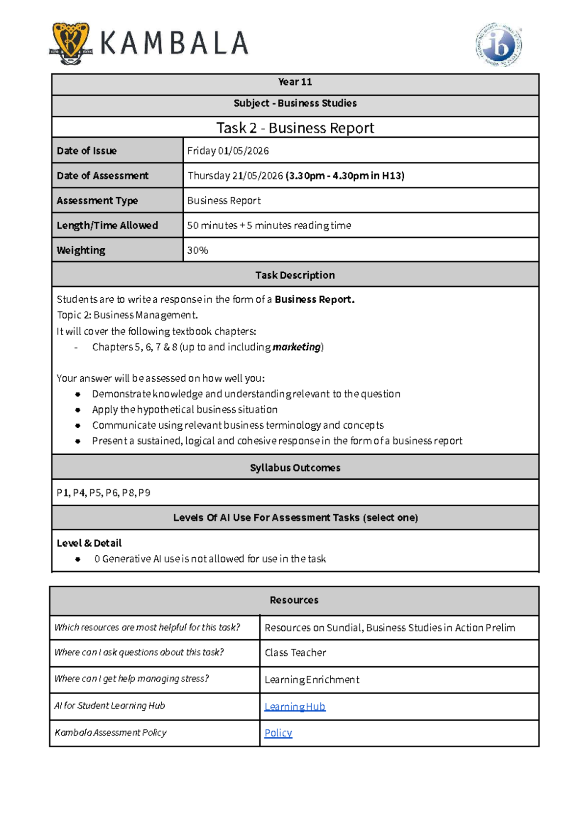Year 11 Business Studies Task 2 - Business Report - Studocu