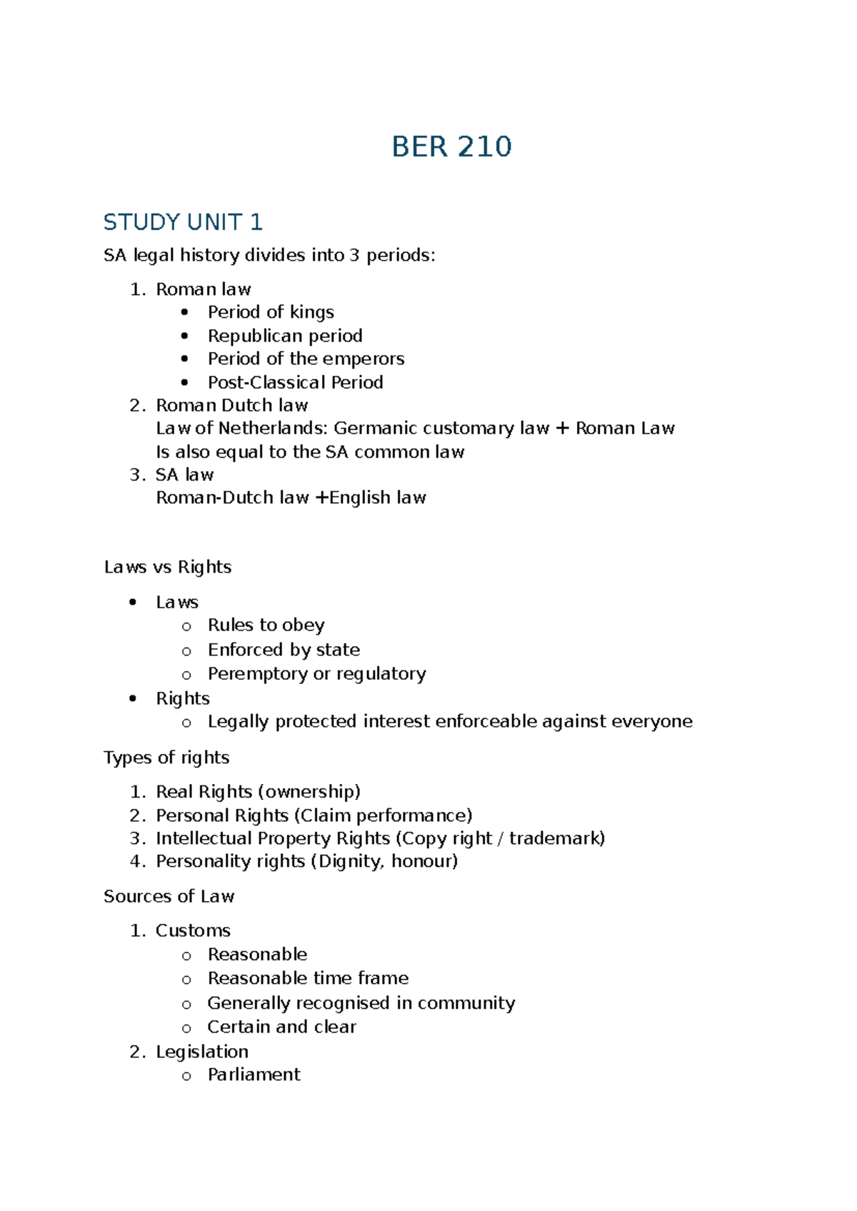 BER 210 SEMESTER TEST 1 NOTES: SA Legal & Contract Law Overview - Studocu