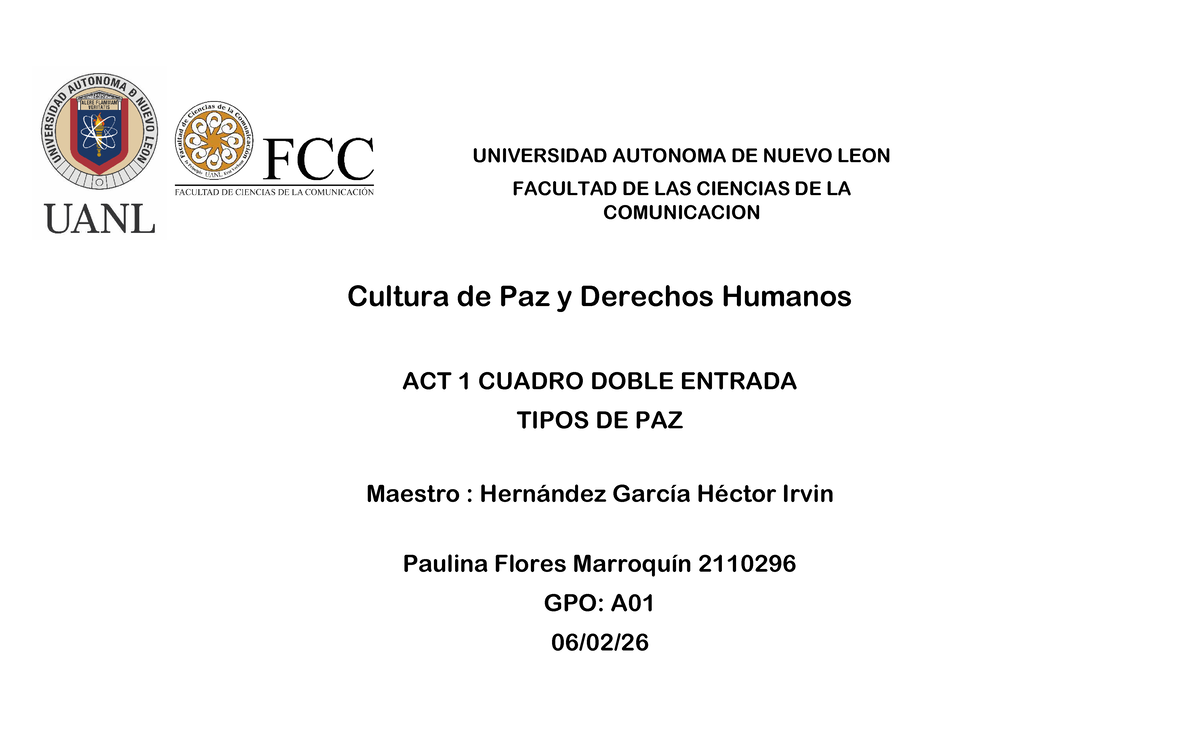 Cultura de Paz y Derechos Humanos: Cuadro Doble Entrada ACT 1 - Studocu