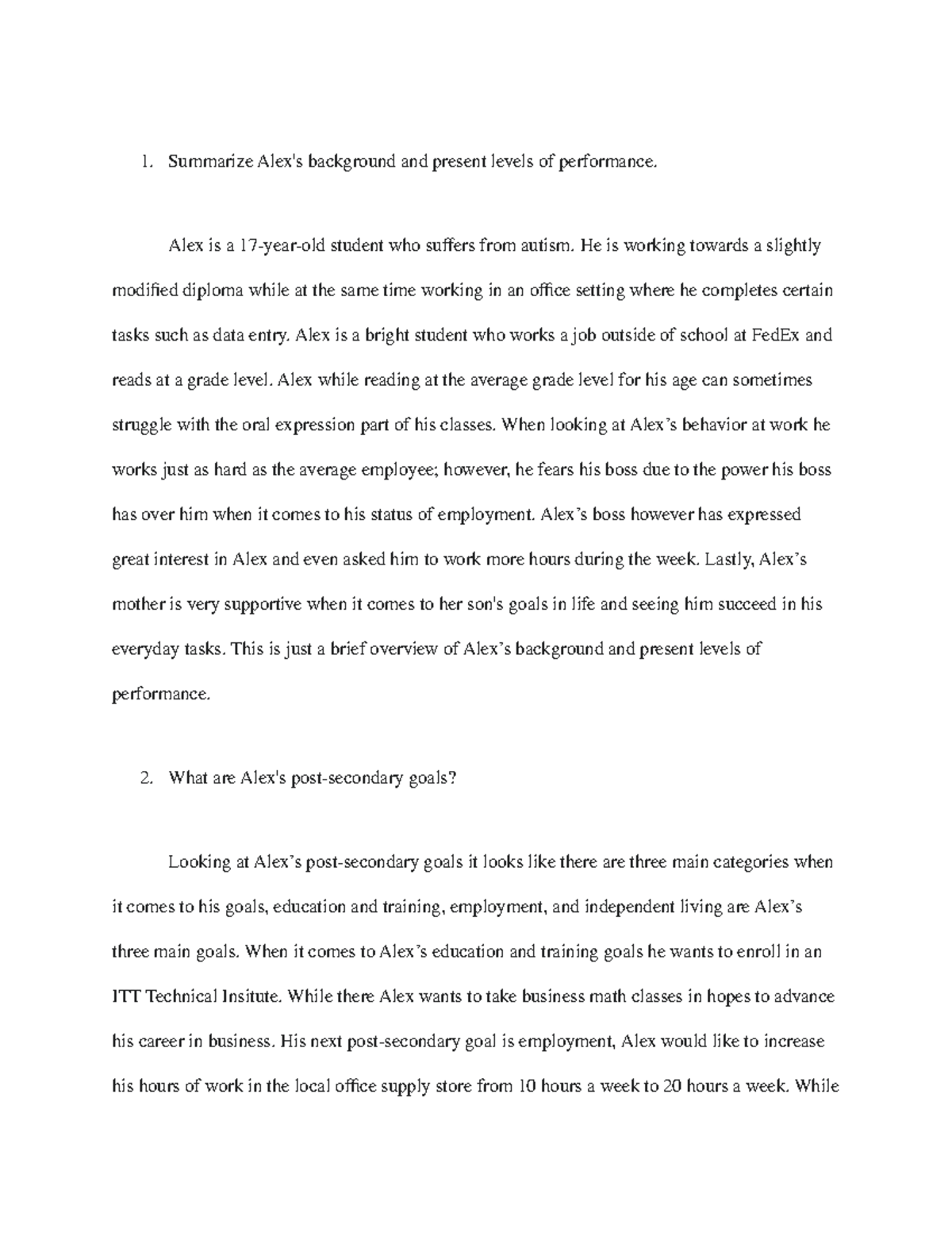 Alex Case Study: Achieving Post-Secondary Goals and Support Strategies ...