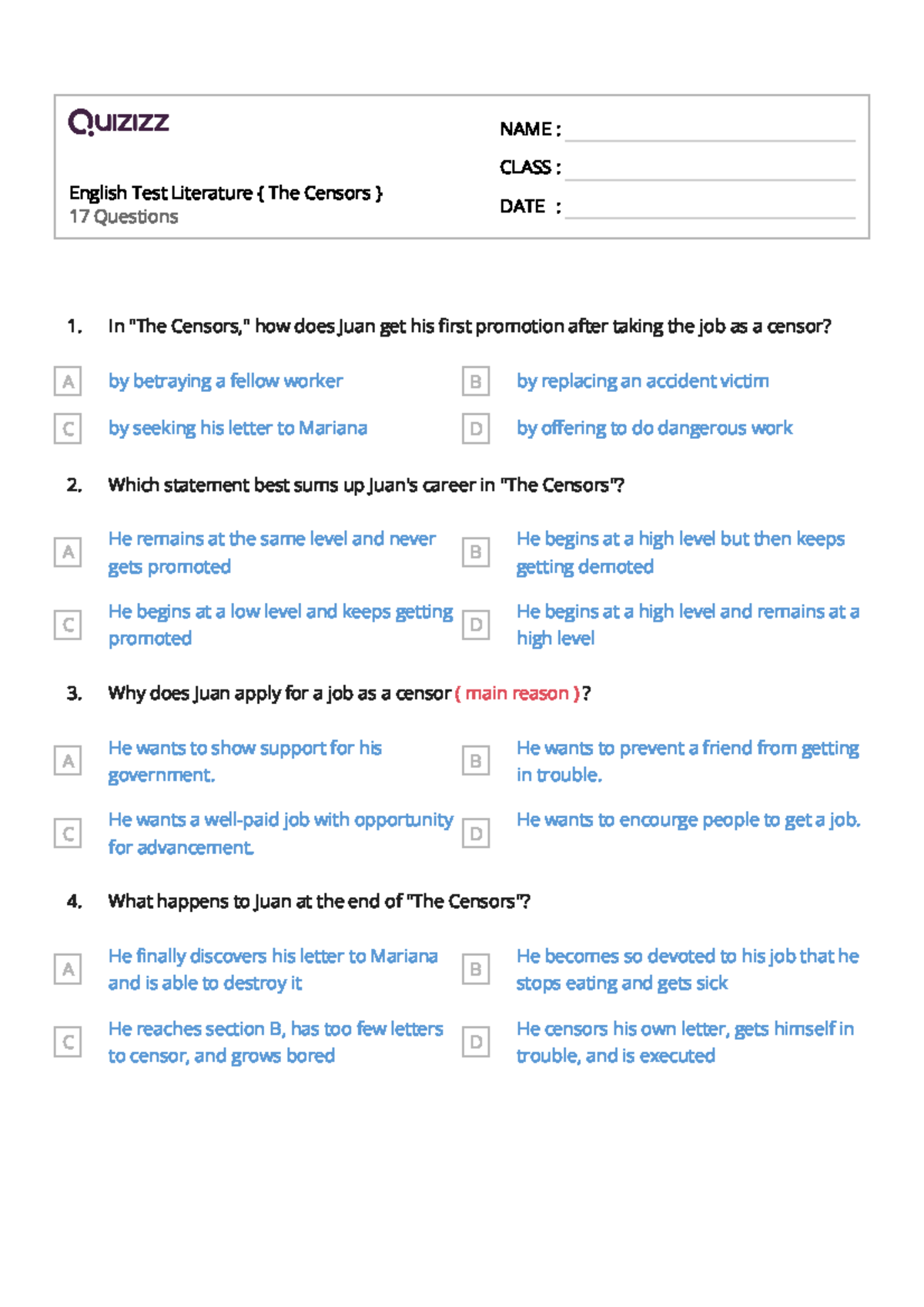 English Test { The Censors } - English Test Literature { The Censors } 17 Questions NAME : CLASS ...
