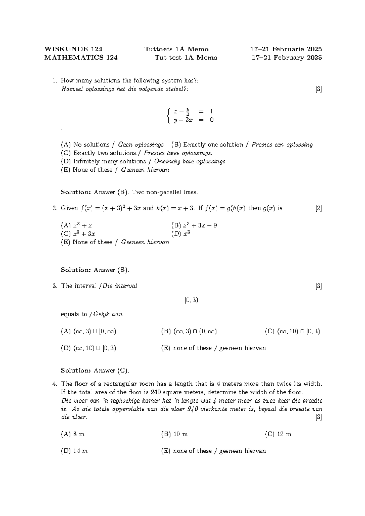 WISKUNDE 124 MATHEMATICS 124 Tuttoets 1 Memo February 2025 - Studocu