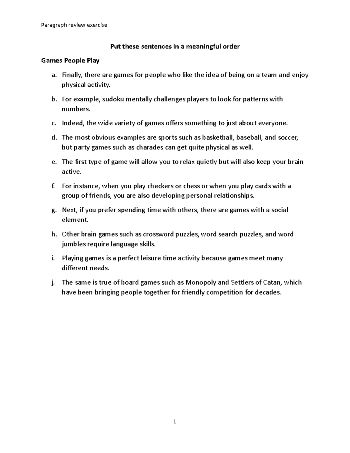 ENG 101: Paragraph Review Exercise - Organizing Game Types - Studocu