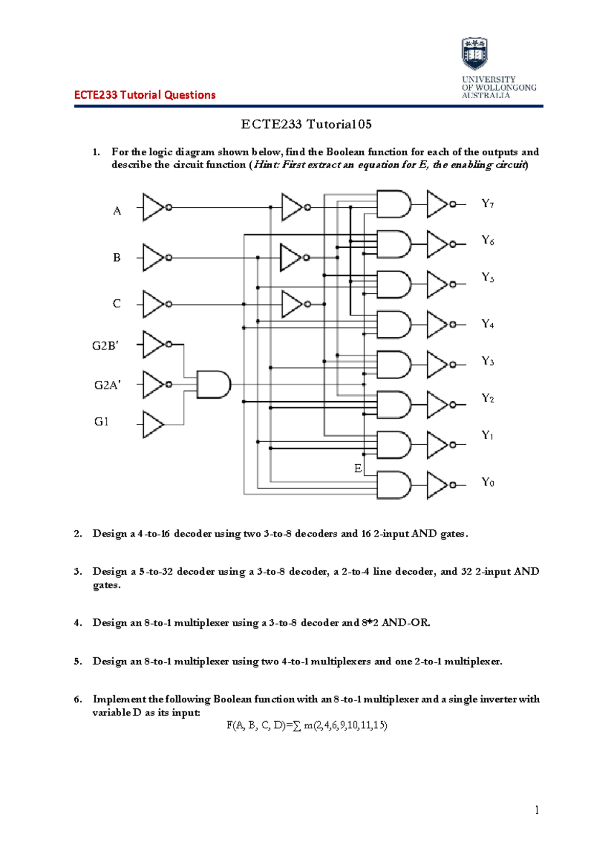 ECTE233 Tutorial 05: Logic Circuits and Decoder Design Questions - Studocu