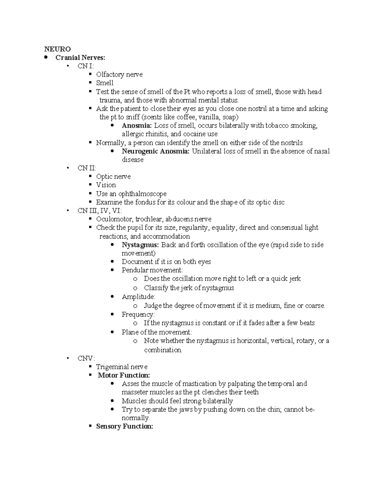 Cranial Nerves Summary for Assessment & Care II - NEURO Study Guide ...