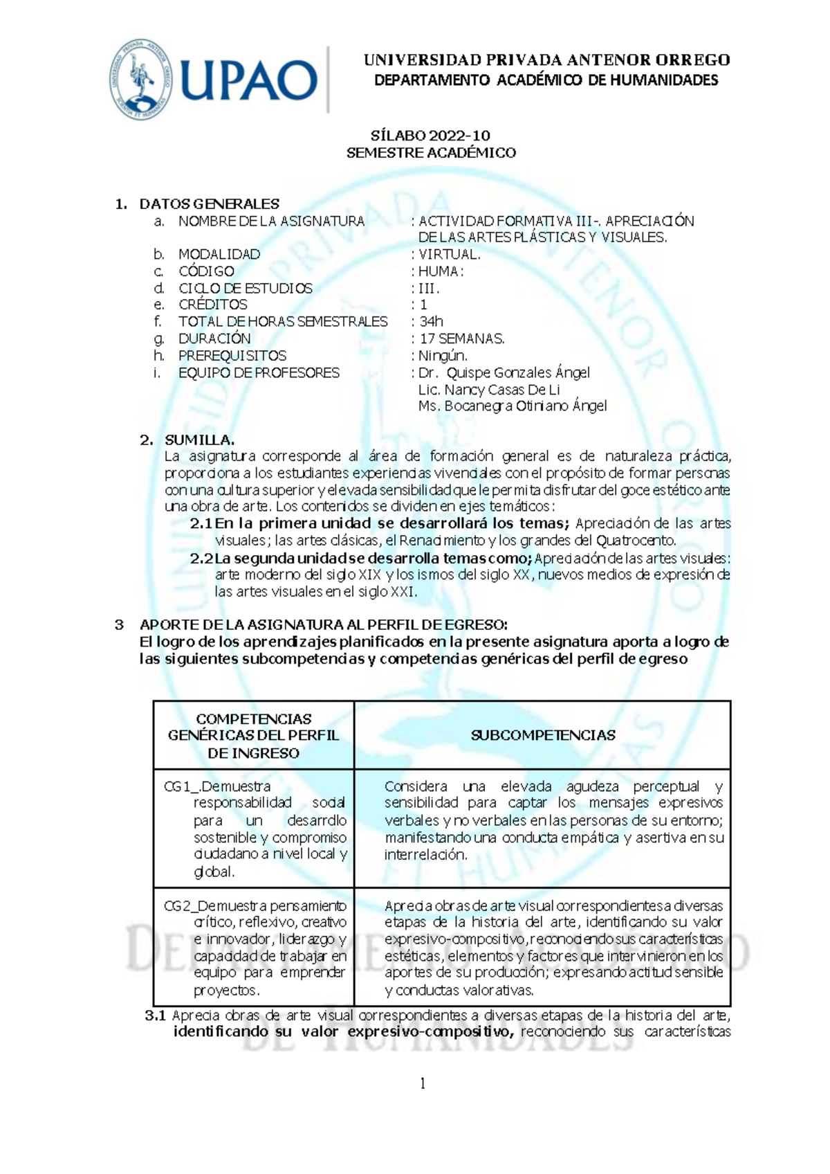 Silabo HUMA 2022 - Actividad Formativa III Ciclo 3: Artes Visuales - Document Preview