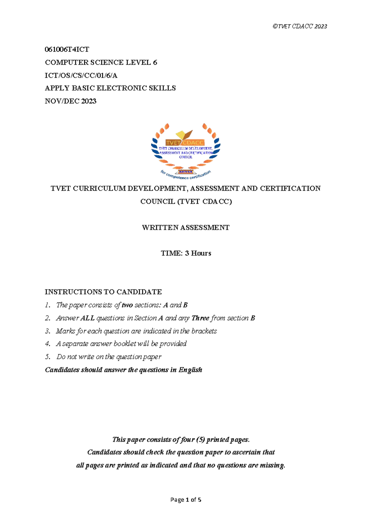 CDACC 2023 Level 6 Written Assessment: Basic Electronic Skills - Studocu