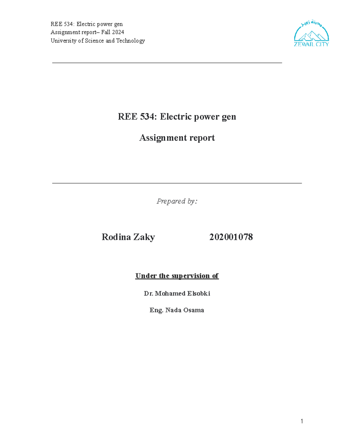Electric power gen - Assignment 3 - REE 534: Electric power gen ...