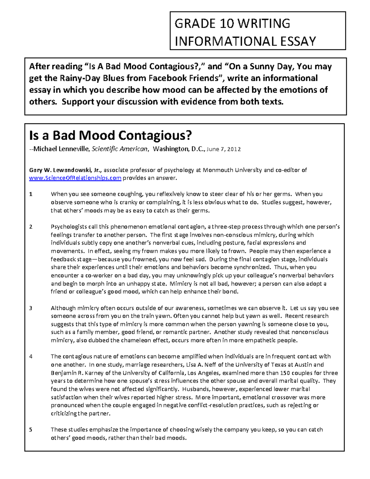 Grade 10 Informational Essay: The Contagion of Mood Emotions - Studocu