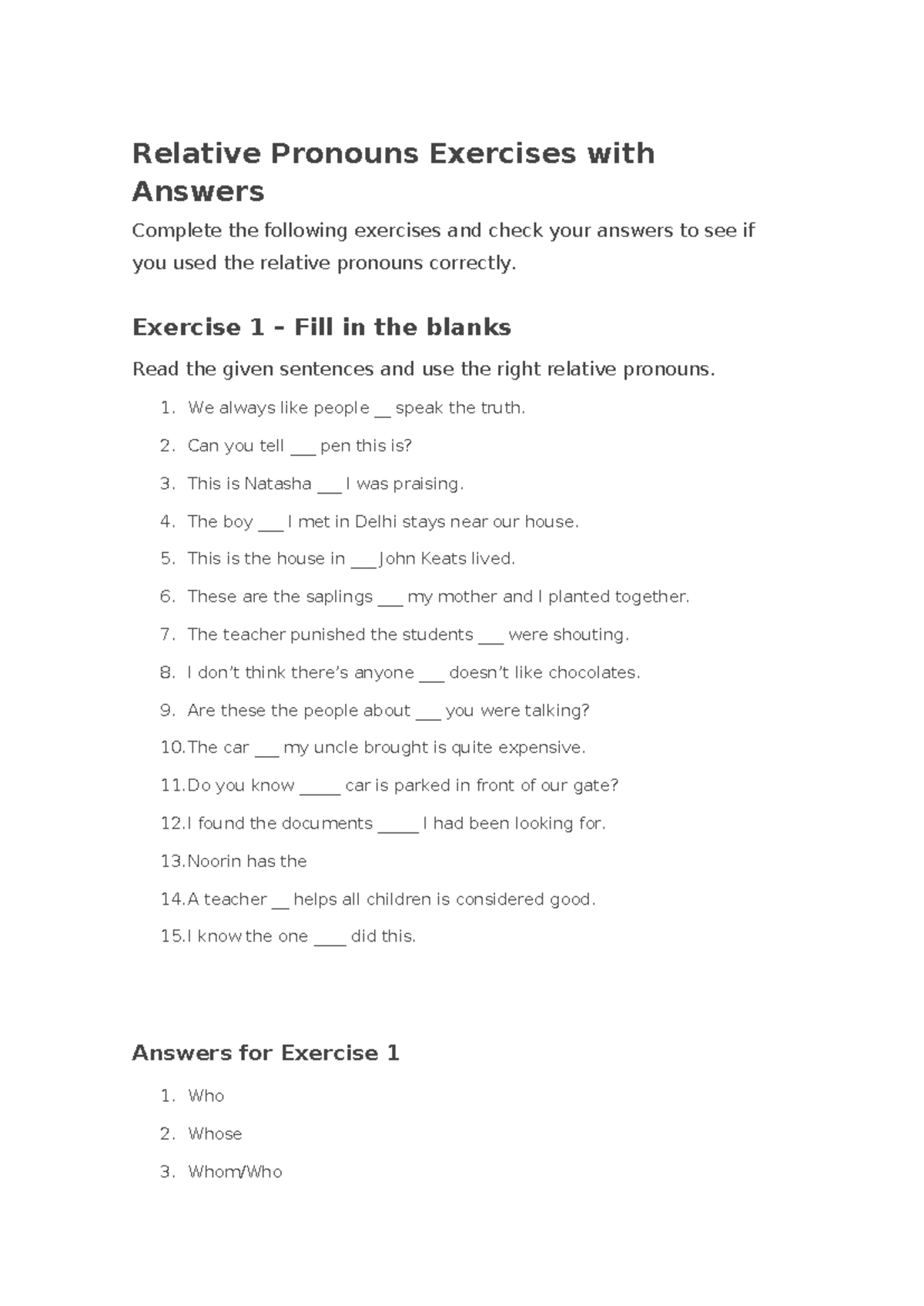 Relative Pronouns Exercises & Answers for English Course 101 - Studocu