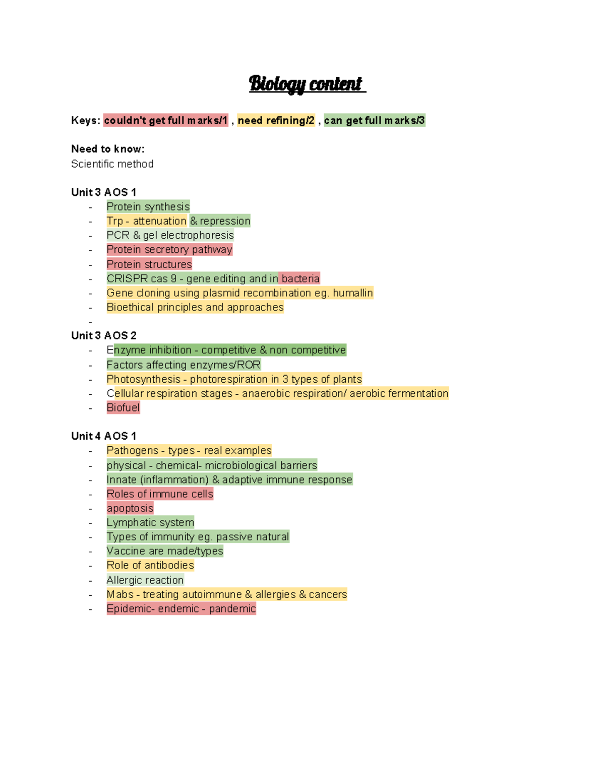 Biology Exam Revision Checklist: Key Topics for AOS 1 & 2 - Studocu