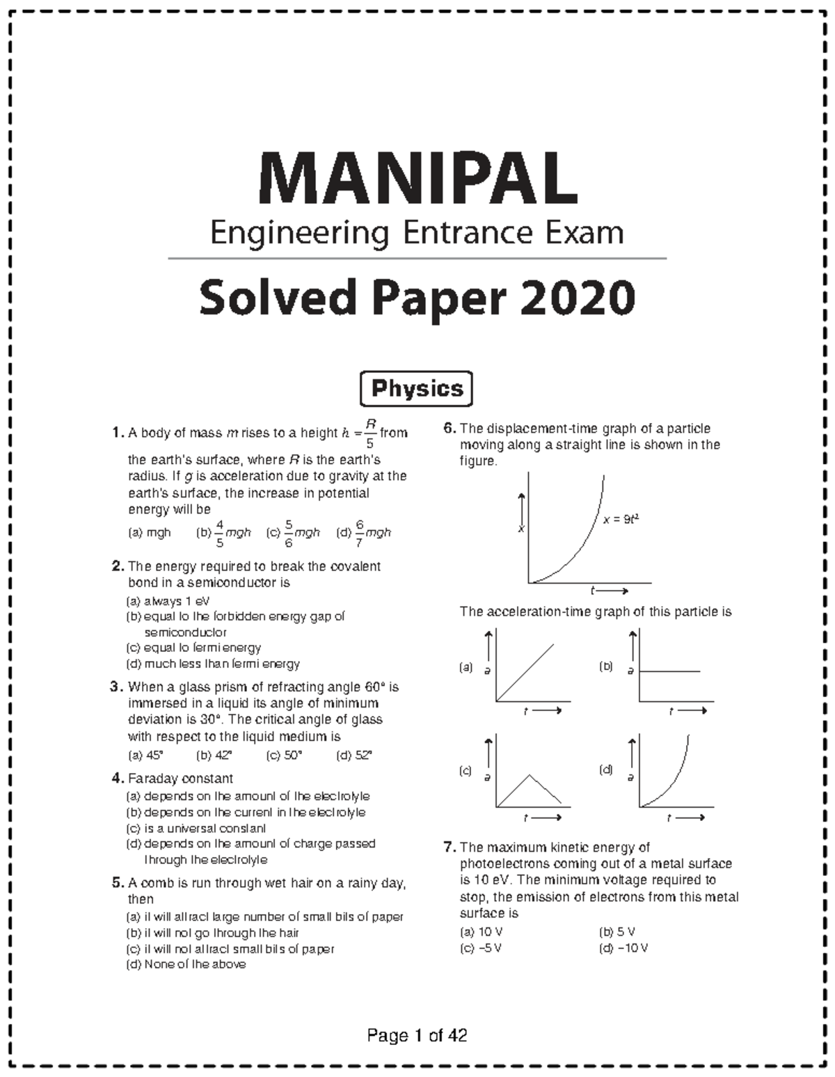 MANIPAL Engineering Entrance Exam 2020 Physics Solved Paper - Studocu