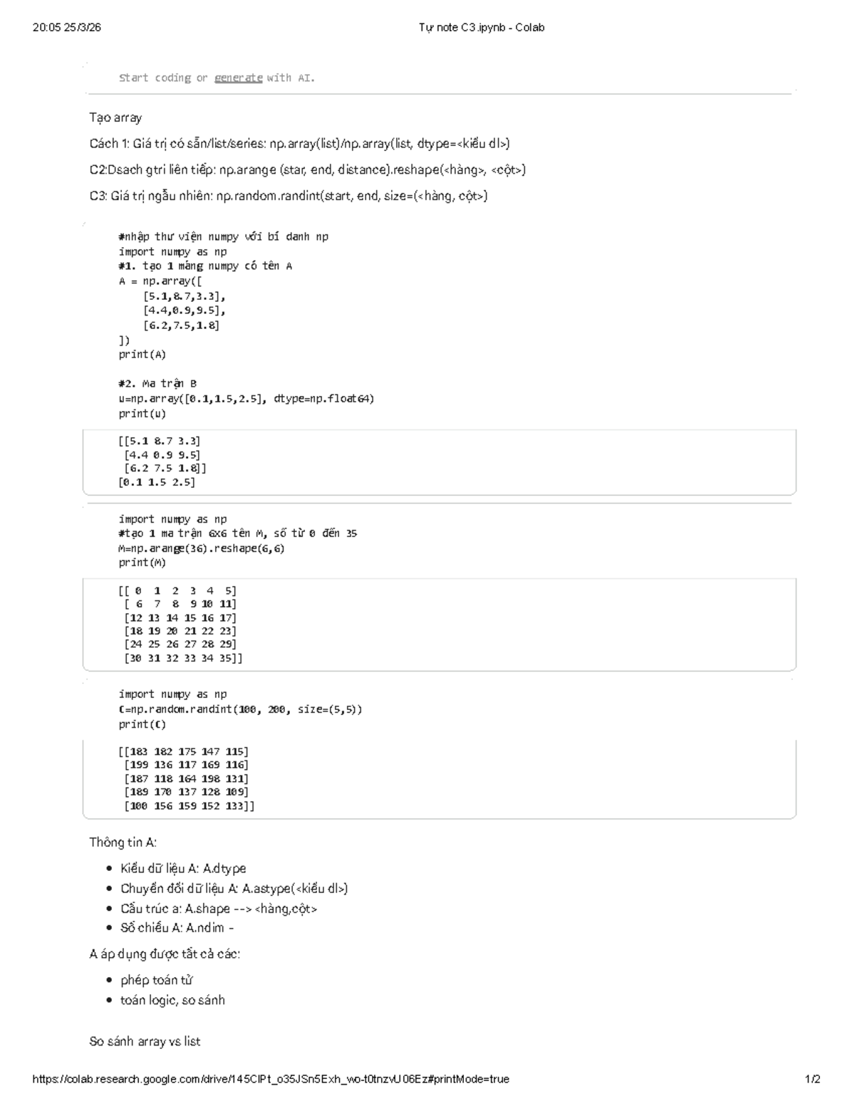 C3: Colab Notes on Numpy Arrays and Operations - Studocu