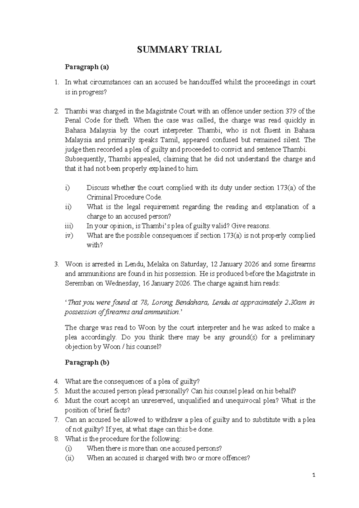 Tutorial Questions - Summary Trial (LAW 101) - Studocu