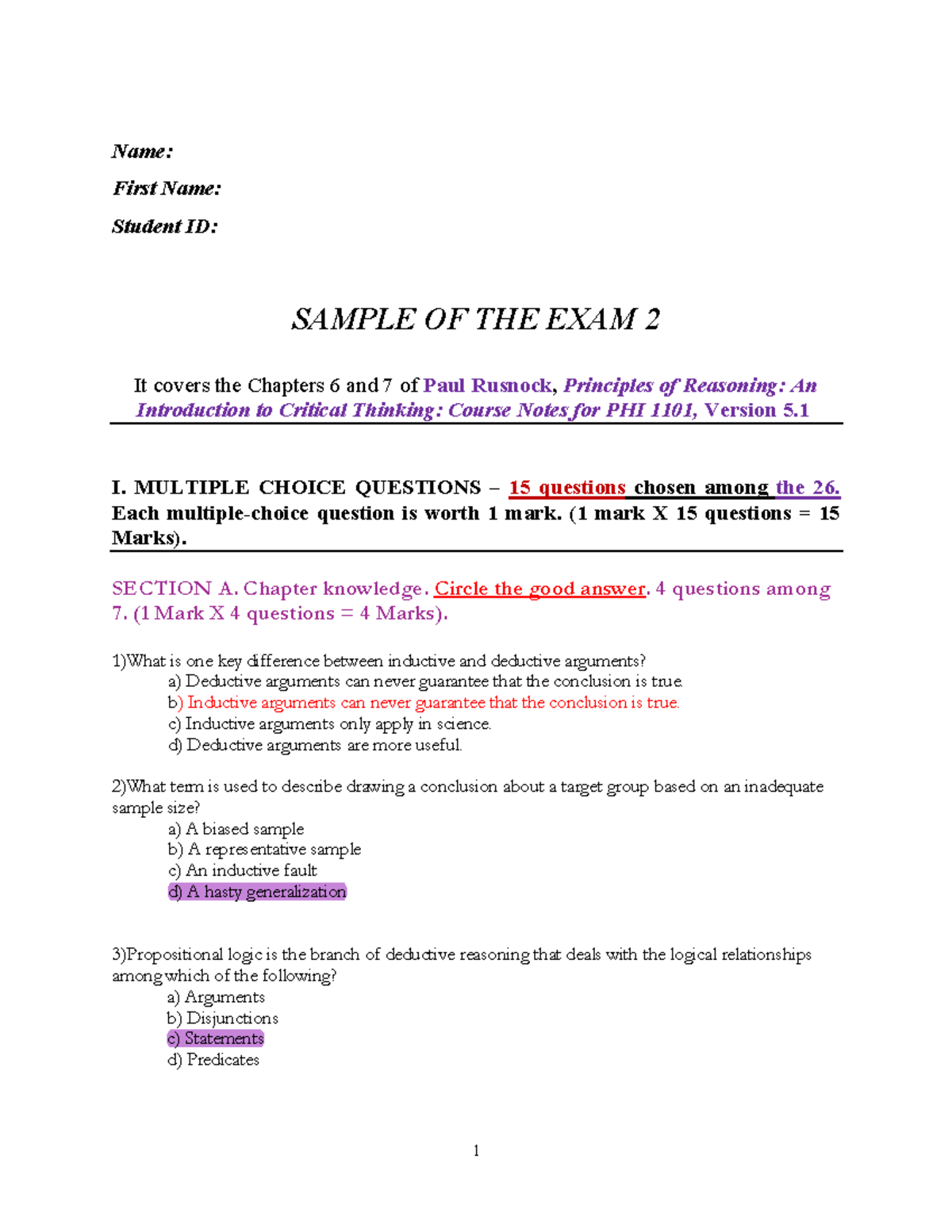 Sample Exam 2 - PHI 1101: Critical Thinking Chapters 6 & 7 - Studocu