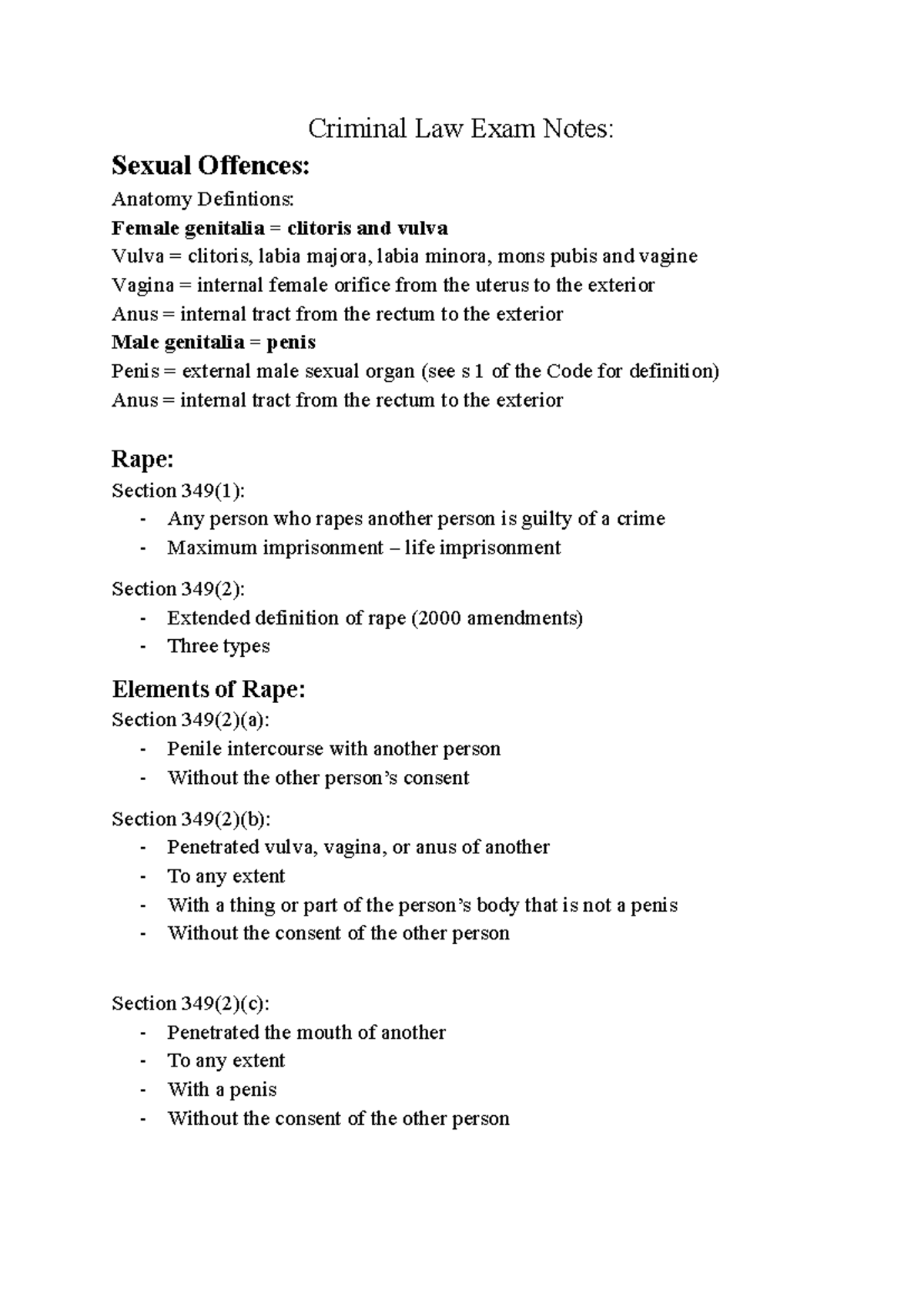 Criminal Law Exam Notes: Sexual Offences & Key Definitions - Studocu