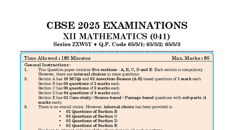 CBSE 2025 XII Maths Exam (041) Question Paper Series ZXW5Y - Studocu