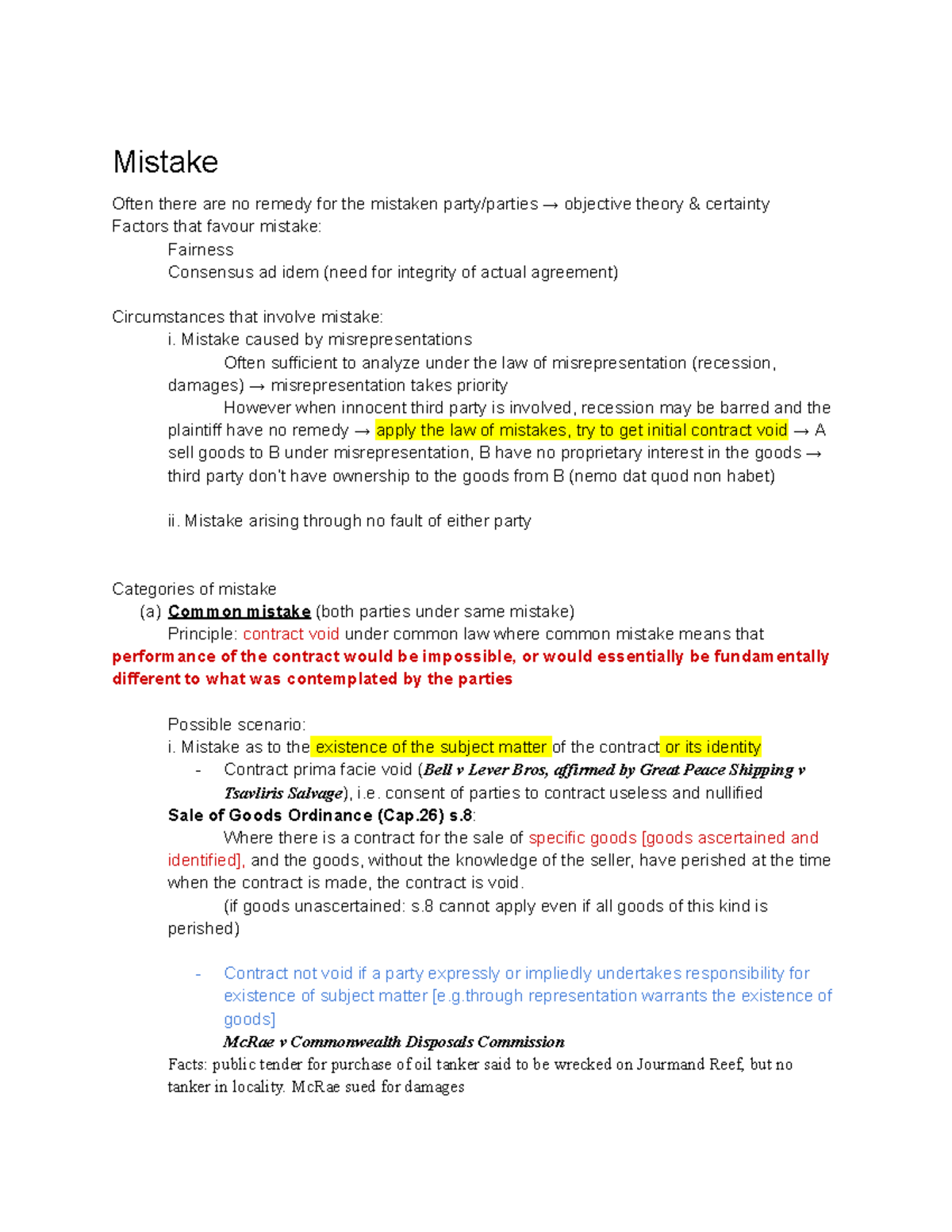 LLAW1002 Final Exam Notes on Mistake in Contract Law - Studocu