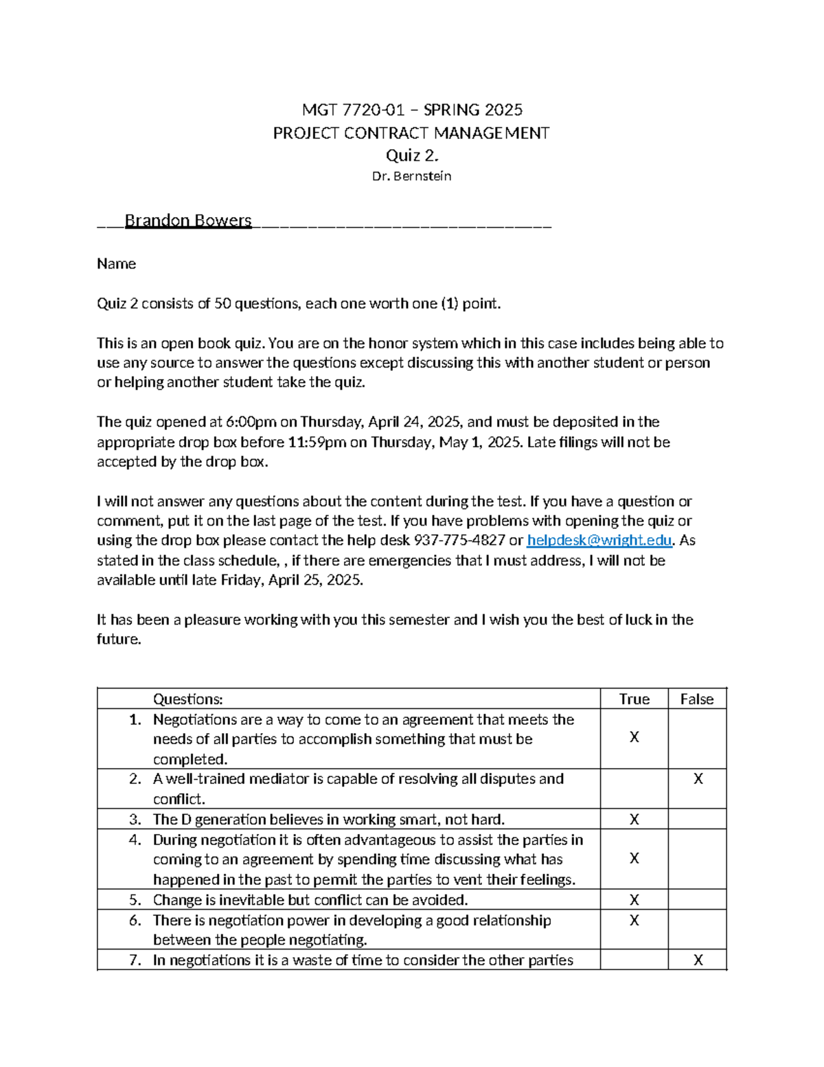 MGT 772 Quiz 2 - Project Contract Management - Spring 2025 - Studocu