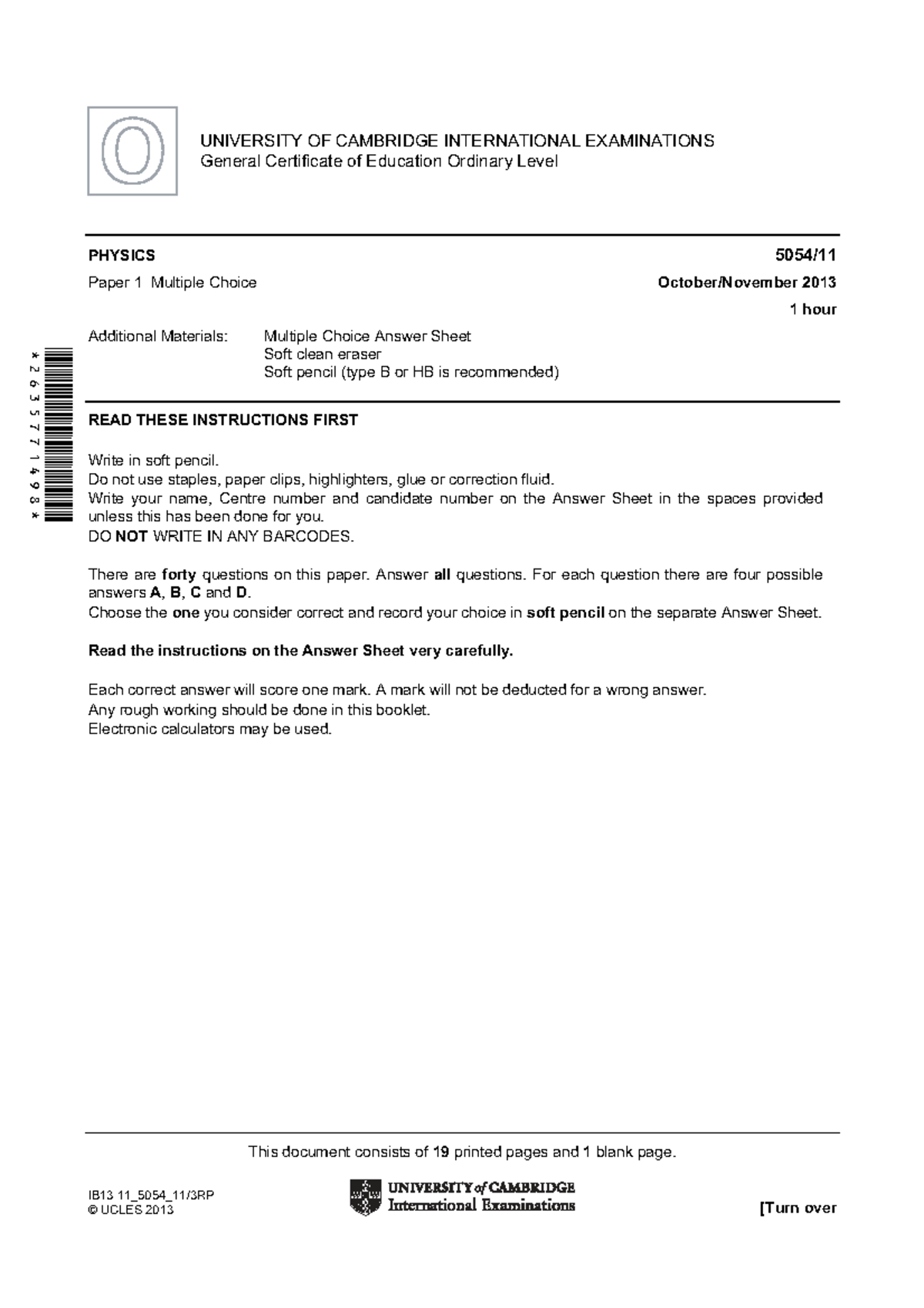 5054 W13 QP 11 - O Level Physics Multiple Choice Questions - Studocu