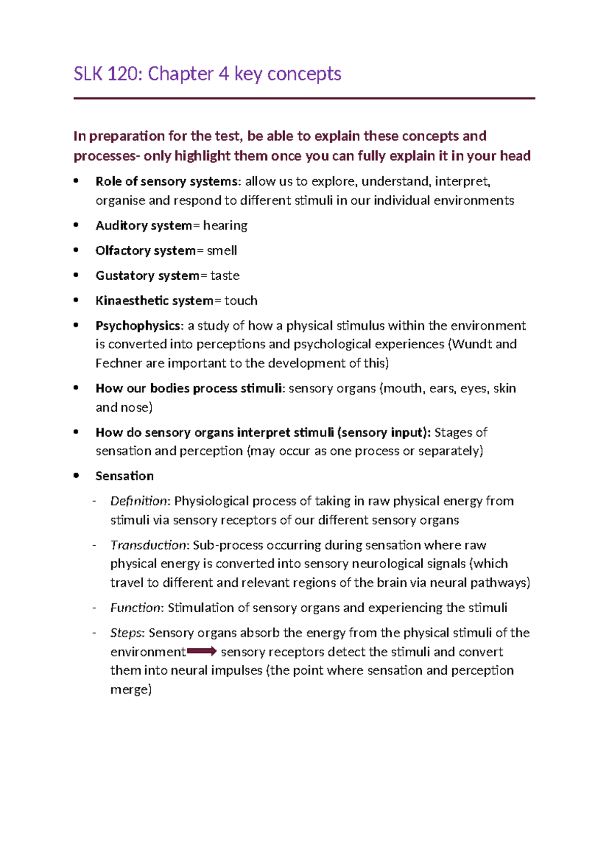 SLK 120 Chapter 4 Sensation and Perception Notes - Studocu