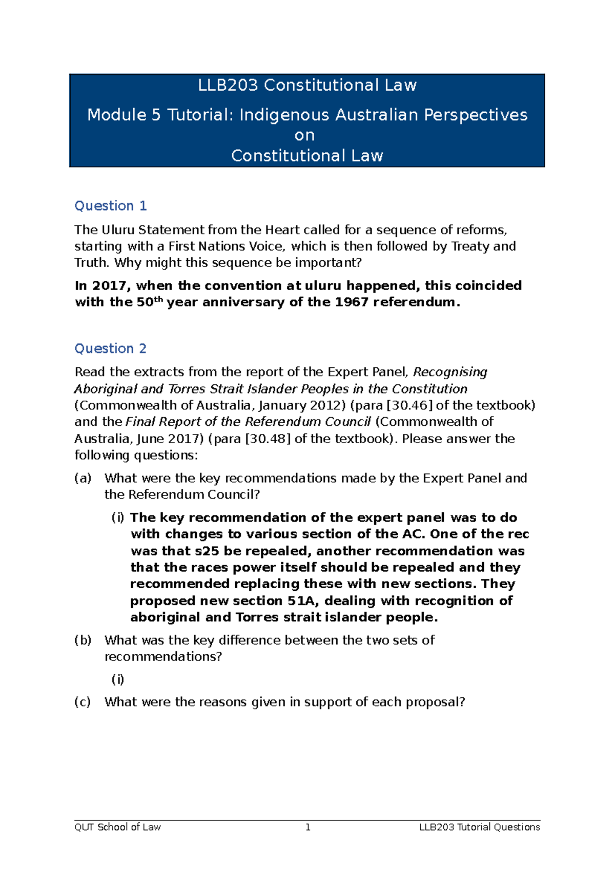 LLB203 Module 5 Tutorial: Indigenous Perspectives on Constitutional Law ...