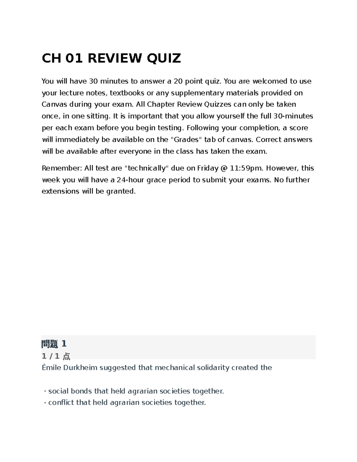 CH 01 Review Quiz - SOC 100 Quiz 1 Preparation Guide - Studocu