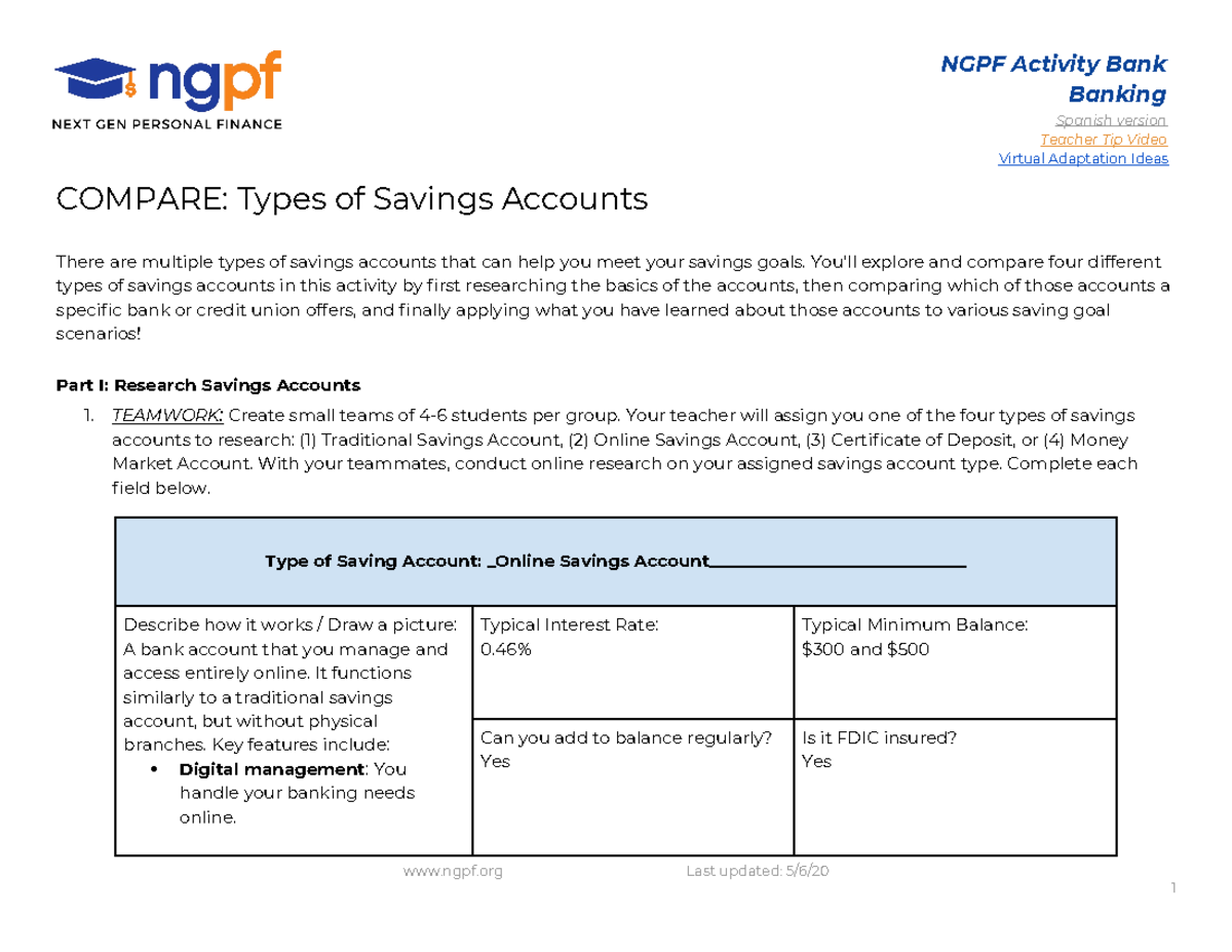 Compare Types of Saving Accounts - NGPF Activity Bank Banking 