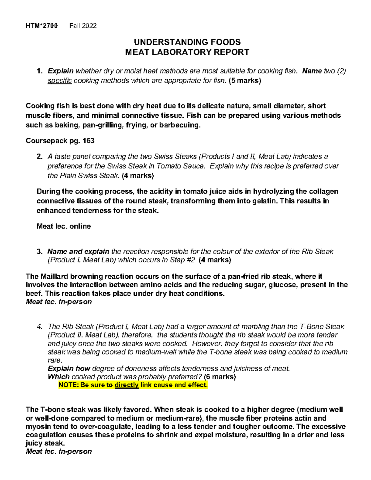 HTM*2700 Meat Lab Report: Cooking Methods, Reactions, and Preferences ...