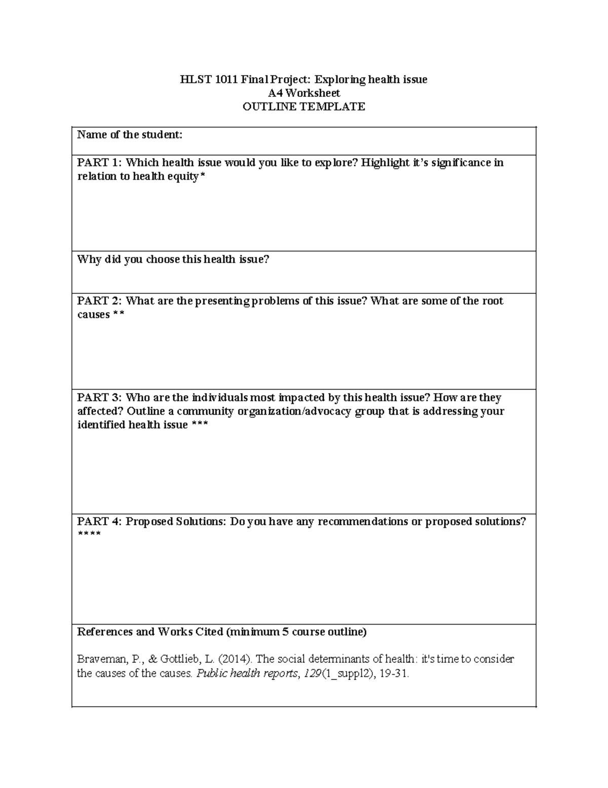 HLST 1011 Final Project: Health Issue Exploration Outline Template ...