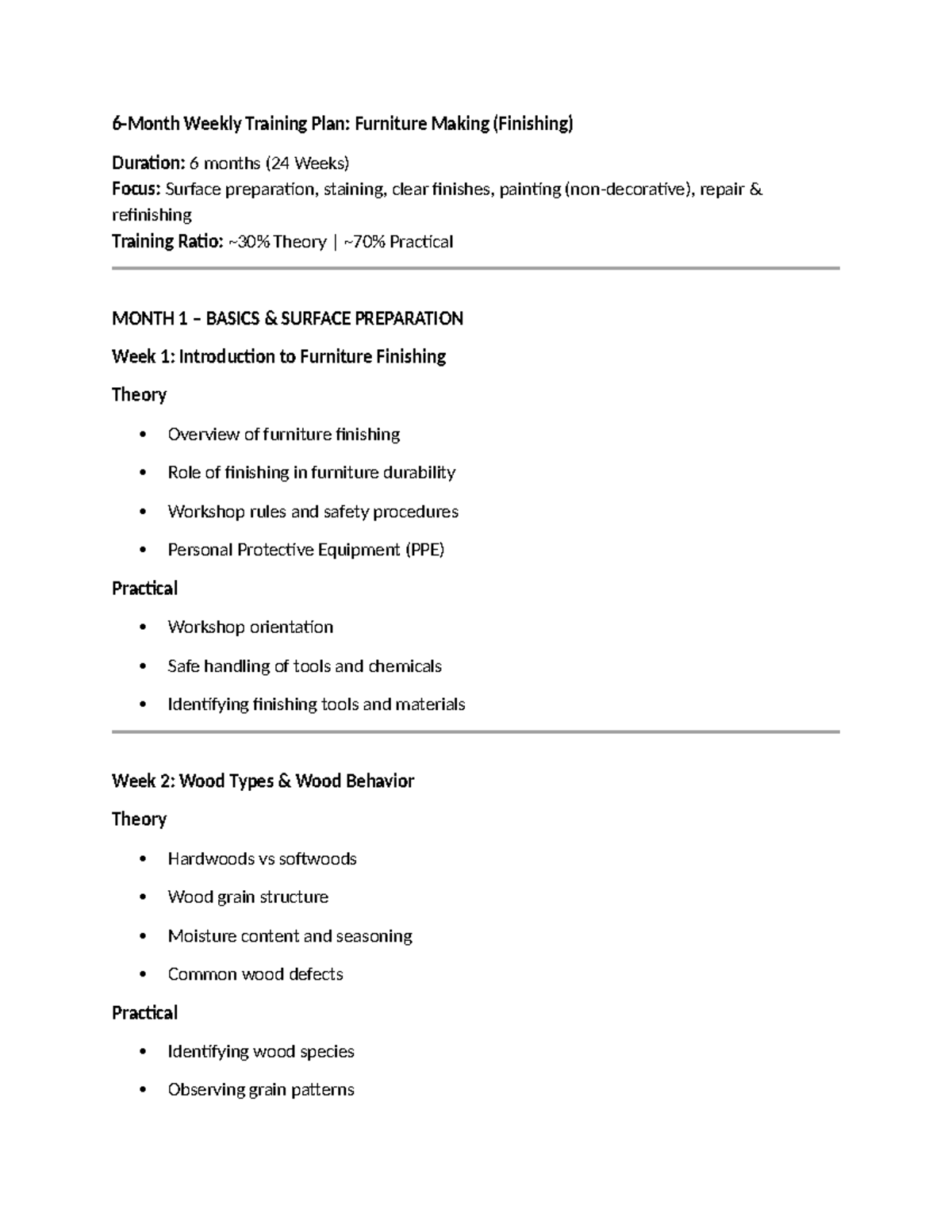Weekly Training Plan: Furniture Making (Finishing) 6 Months - Studocu