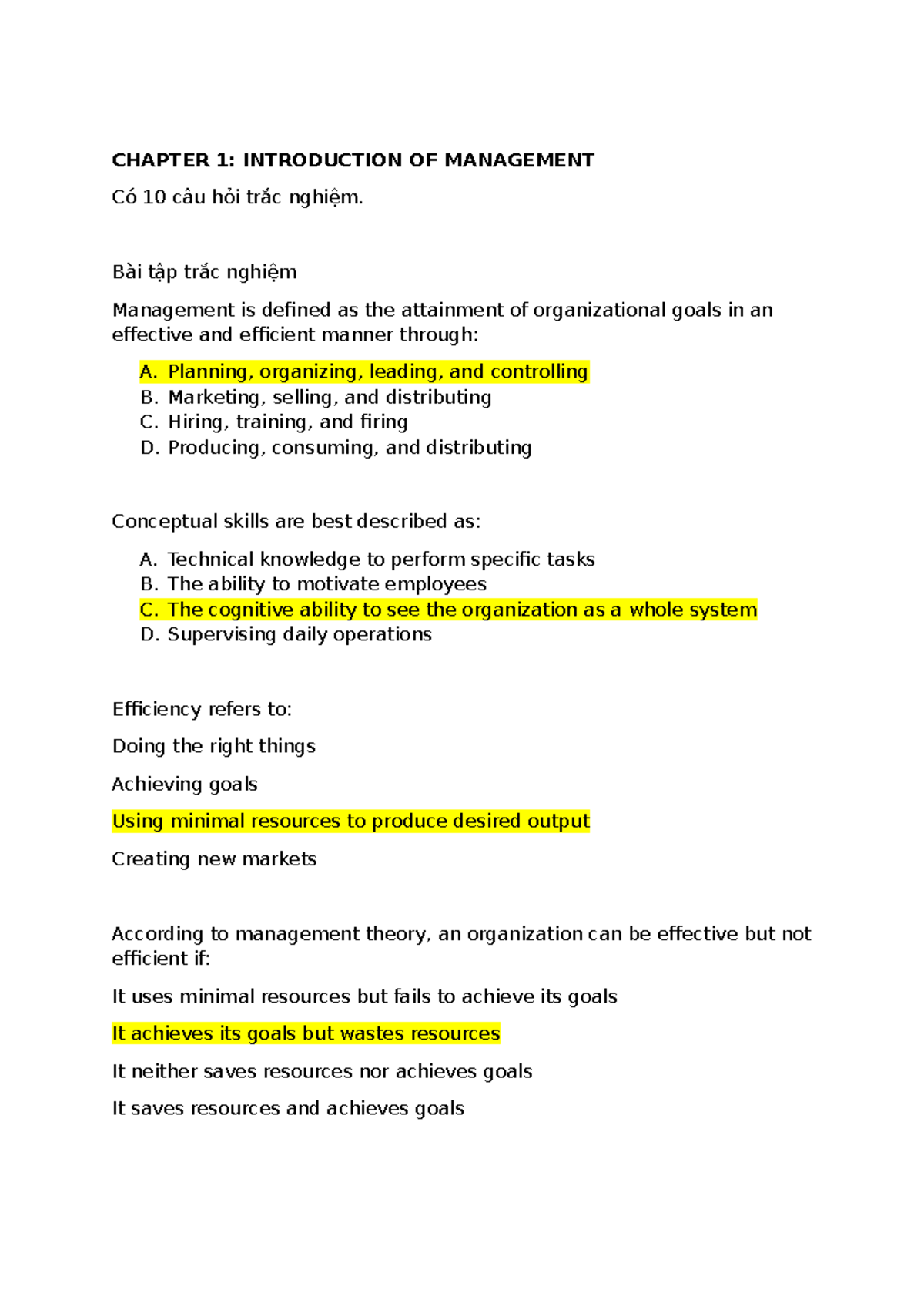 CHAPTER 1: MANAGEMENT PRINCIPLES QUIZ (MGT101) - Studocu