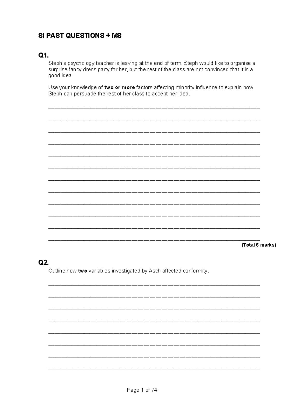 SI PAST QUESTIONS - Psychology Exam Review and Analysis - Studocu